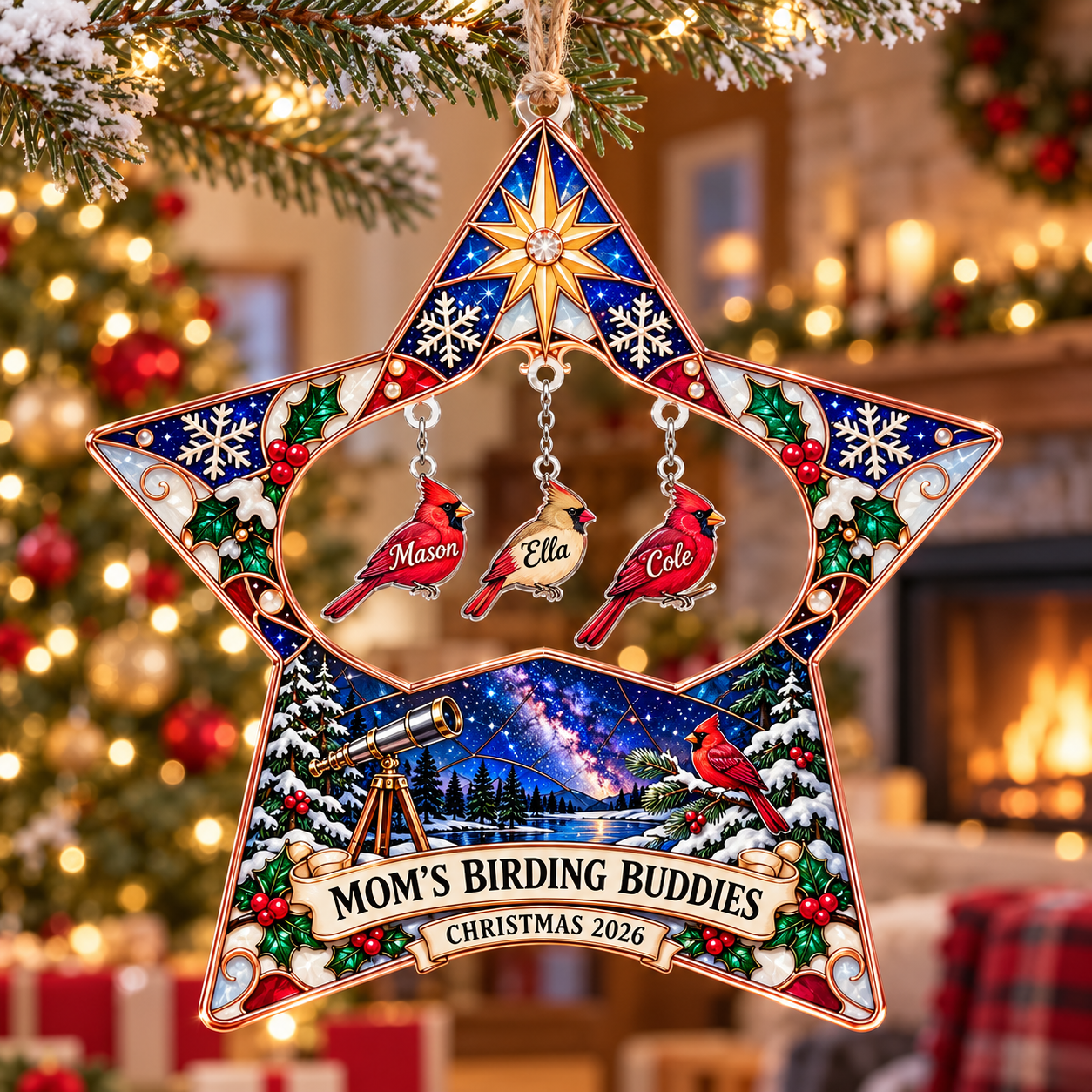 Stained-glass acrylic Christmas ornament with "MOM'S BIRDING BUDDIES" and personalised name charms