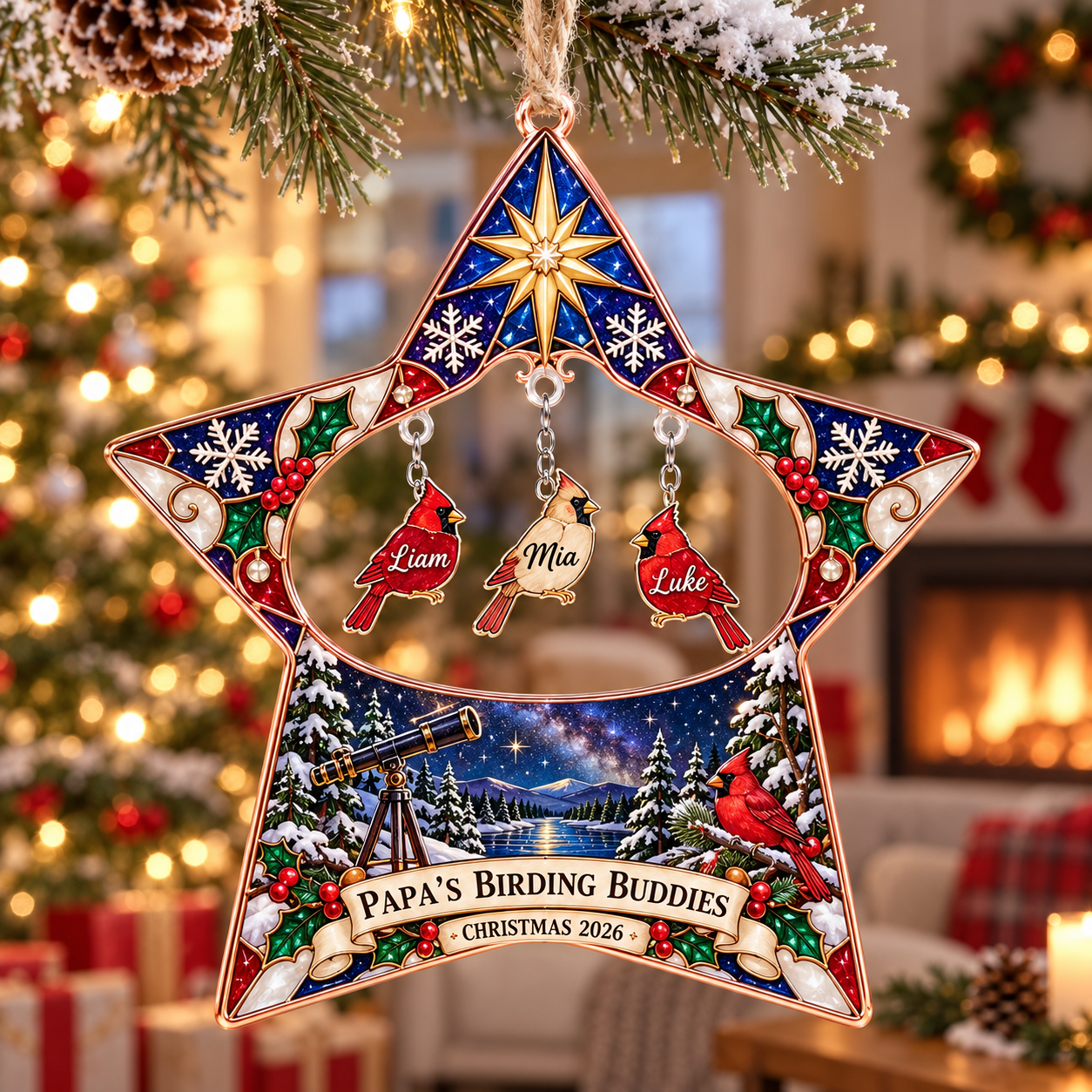 Stained-glass acrylic Christmas ornament with "PAPA'S BIRDING BUDDIES" and personalised name charms