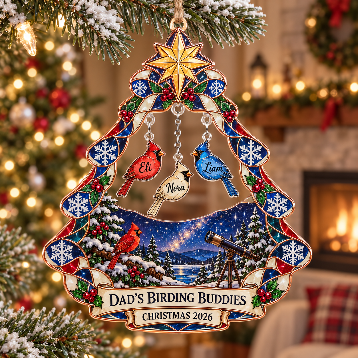 Stained-glass acrylic Christmas ornament with "DAD'S BIRDING BUDDIES" and personalised name charms