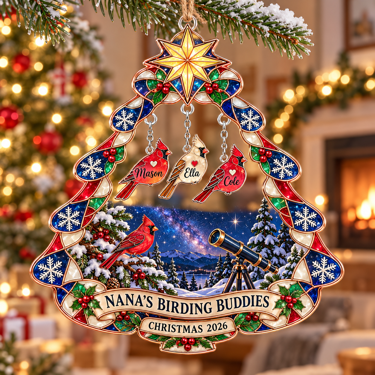 Stained-glass acrylic Christmas ornament with "NANA'S BIRDING BUDDIES" and personalised name charms