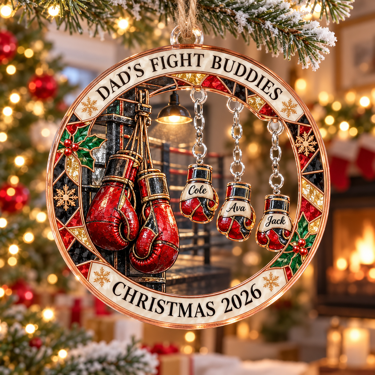 Stained-glass acrylic Christmas ornament with "DAD'S FIGHT BUDDIES" and personalised name charms