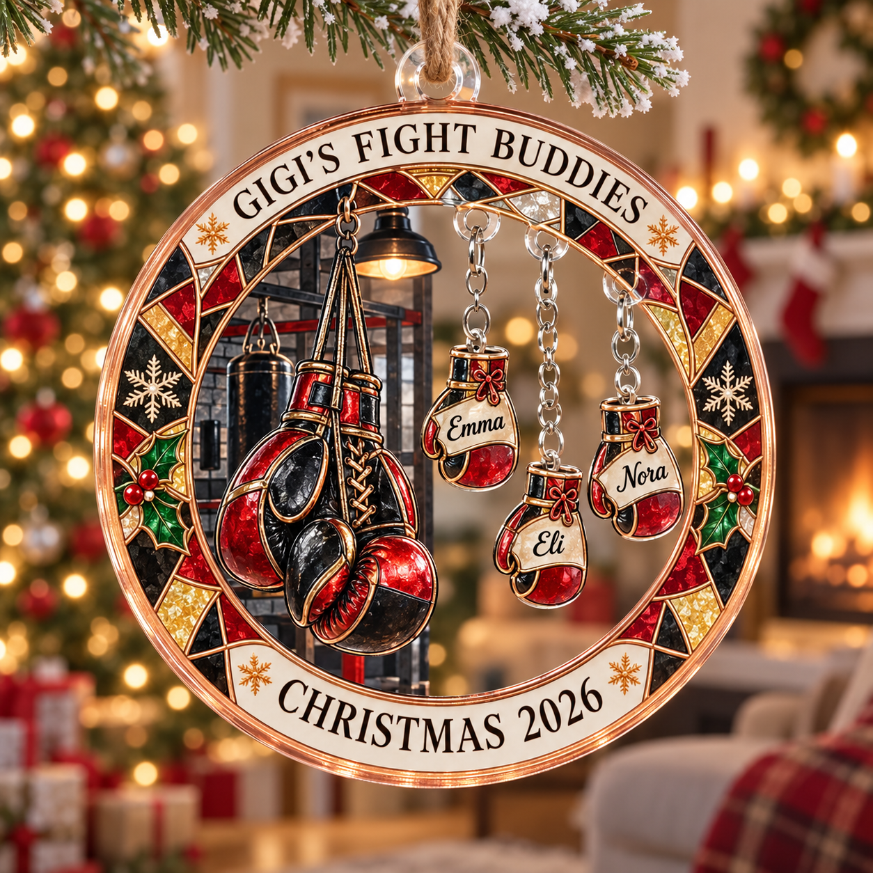 Stained-glass acrylic Christmas ornament with "GIGI'S FIGHT BUDDIES" and personalised name charms