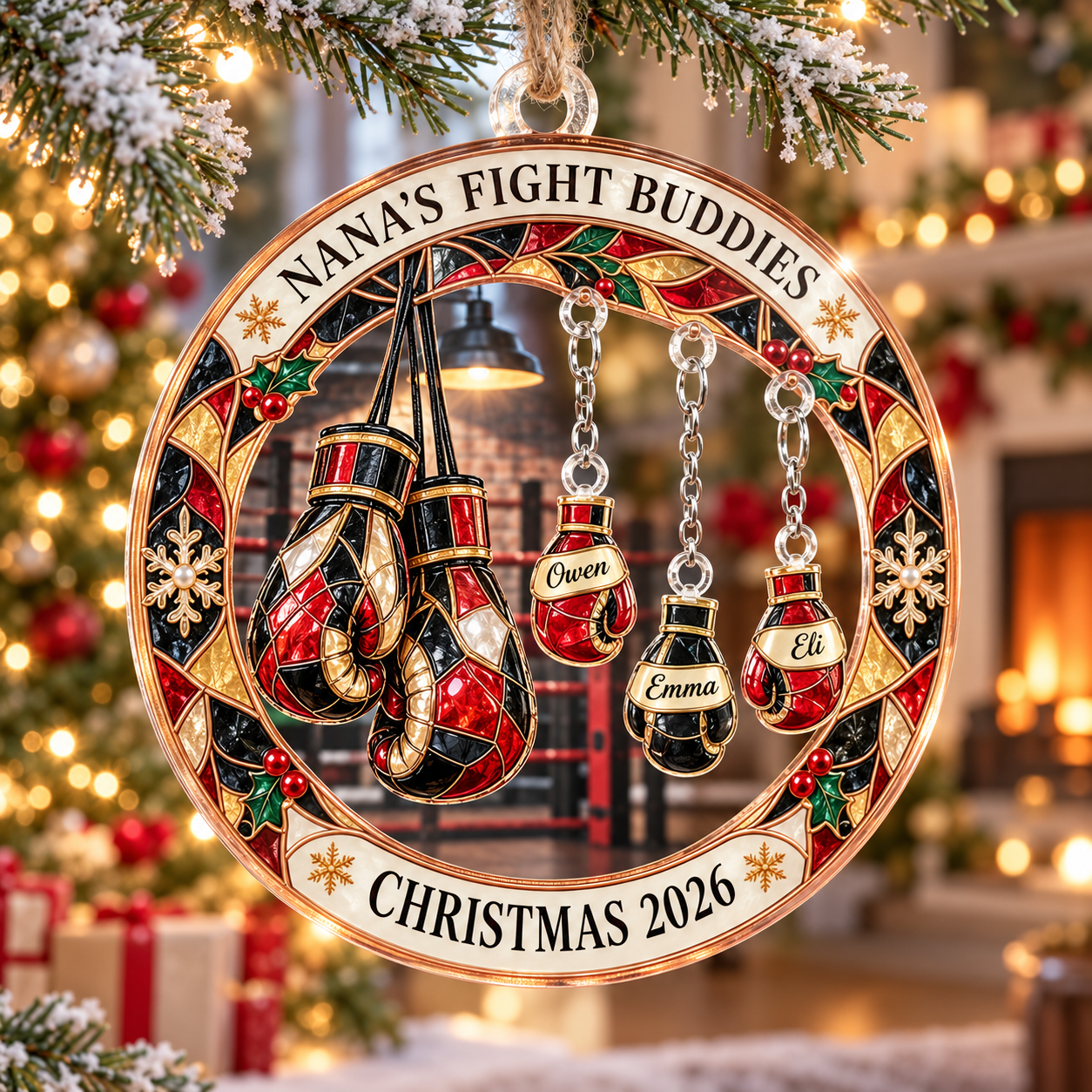 Stained-glass acrylic Christmas ornament with "NANA'S FIGHT BUDDIES" and personalised name charms