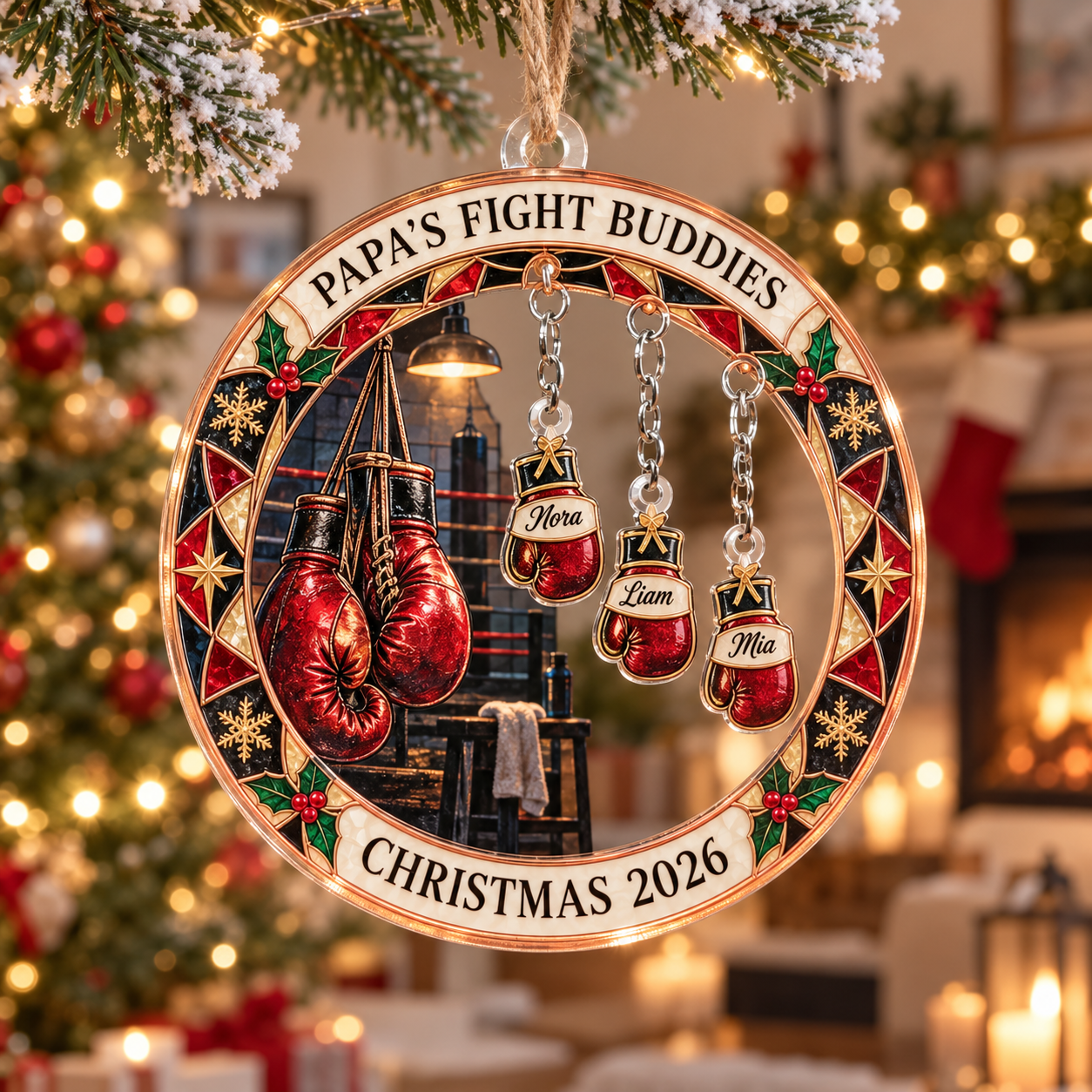 Stained-glass acrylic Christmas ornament with "PAPA'S FIGHT BUDDIES" and personalised name charms