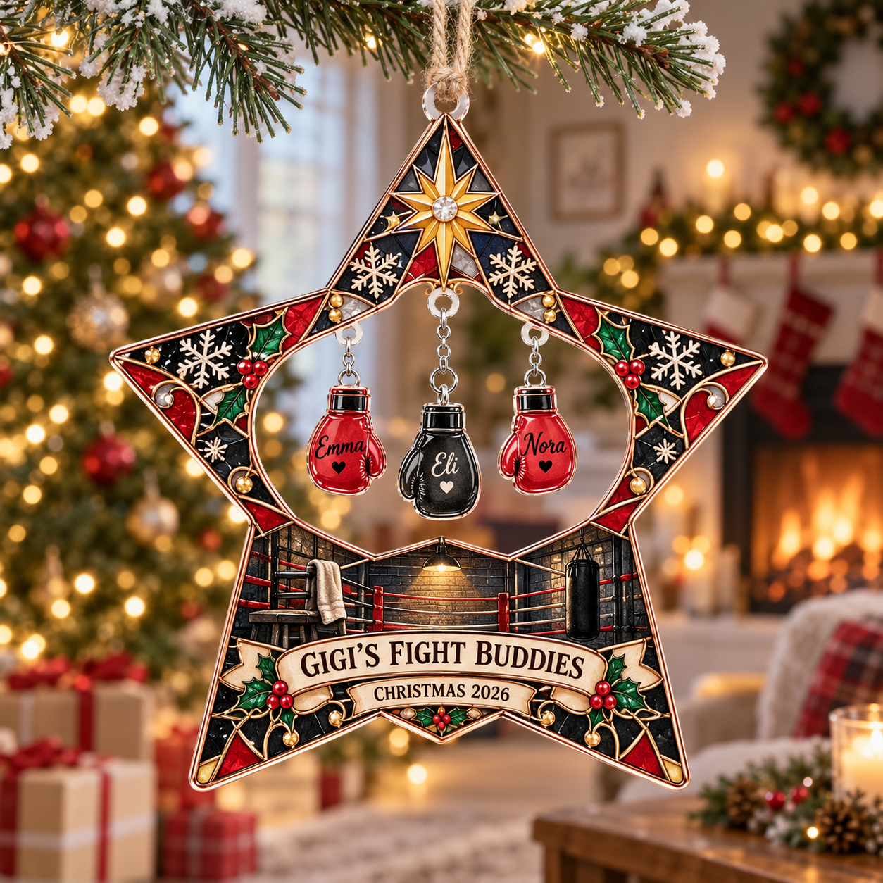 Stained-glass acrylic Christmas ornament with "GIGI'S FIGHT BUDDIES" and personalised name charms