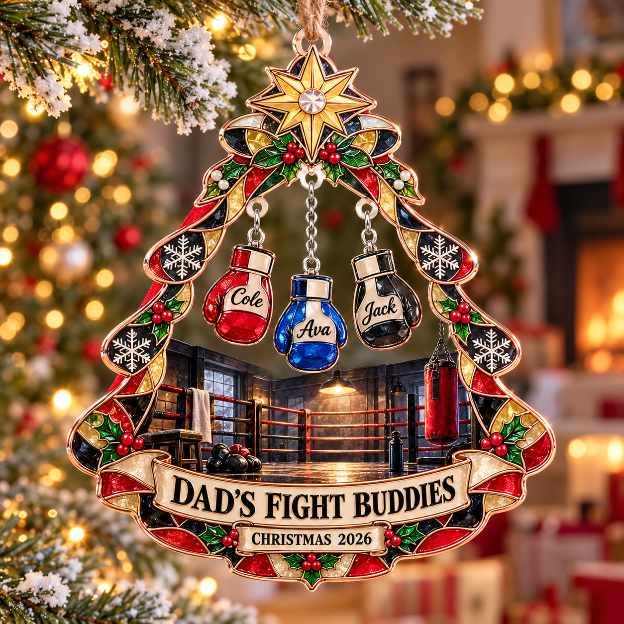 Stained-glass acrylic Christmas ornament with "DAD'S FIGHT BUDDIES" and personalised name charms