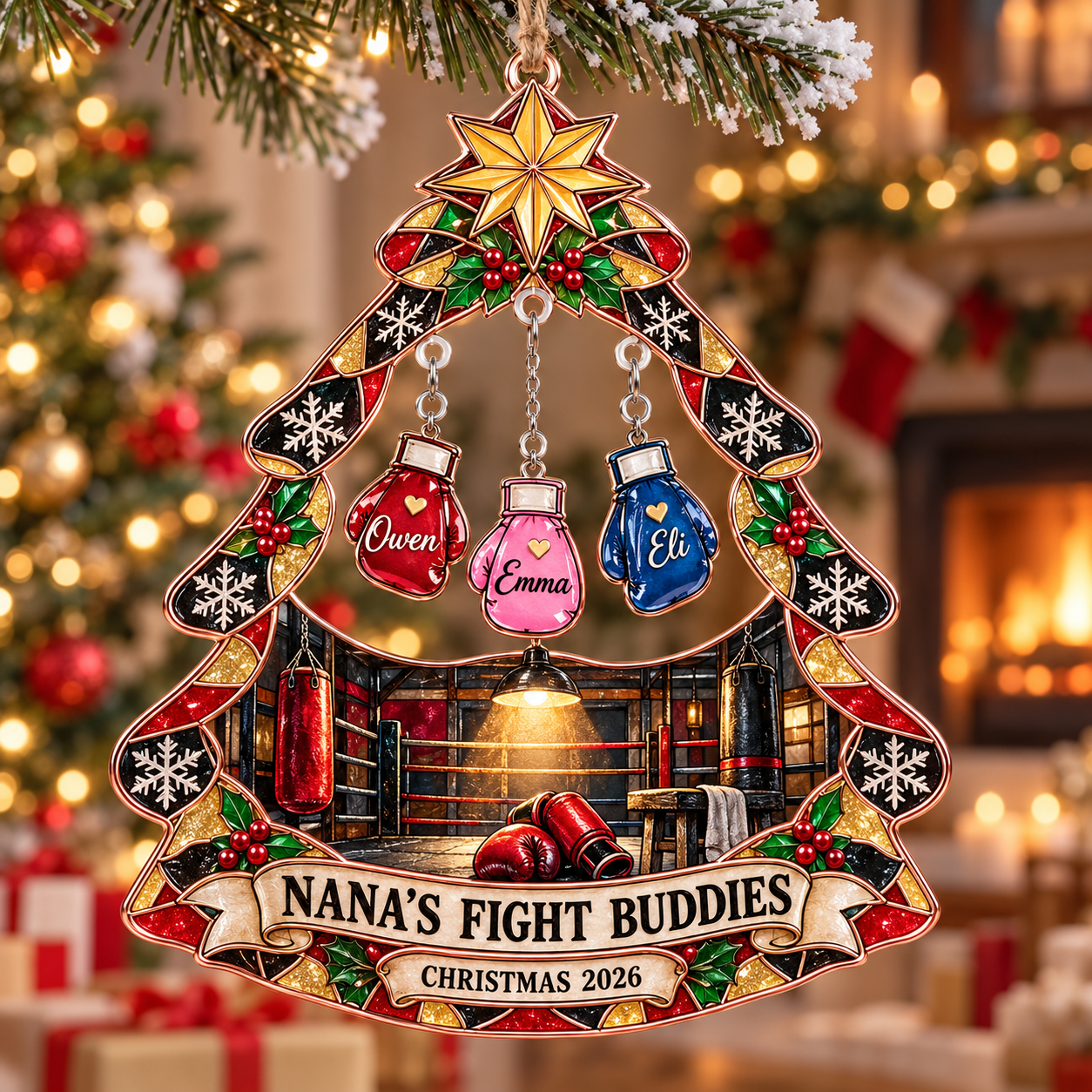 Stained-glass acrylic Christmas ornament with "NANA'S FIGHT BUDDIES" and personalised name charms