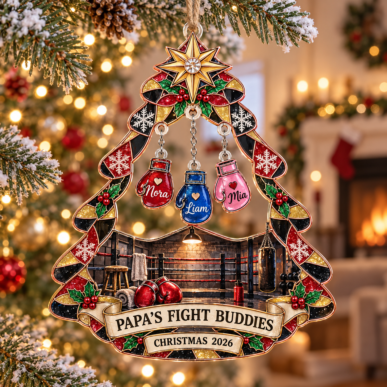 Stained-glass acrylic Christmas ornament with "PAPA'S FIGHT BUDDIES" and personalised name charms