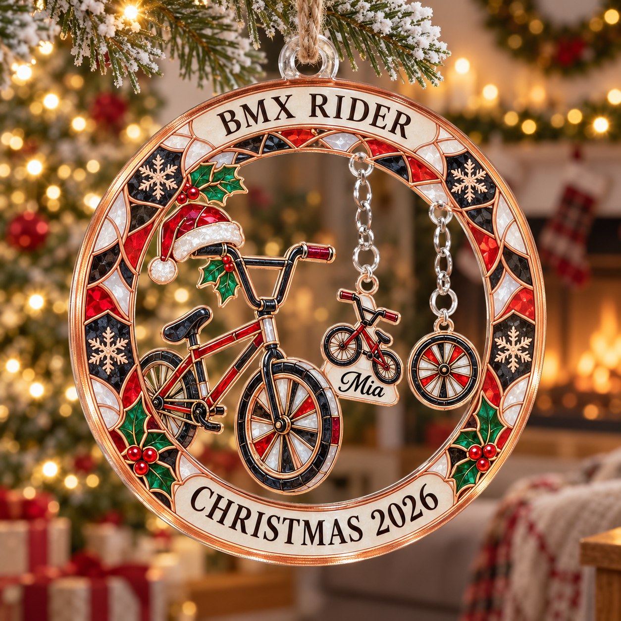 Stained-glass acrylic Christmas ornament with "BMX RIDER" and personalised name charms