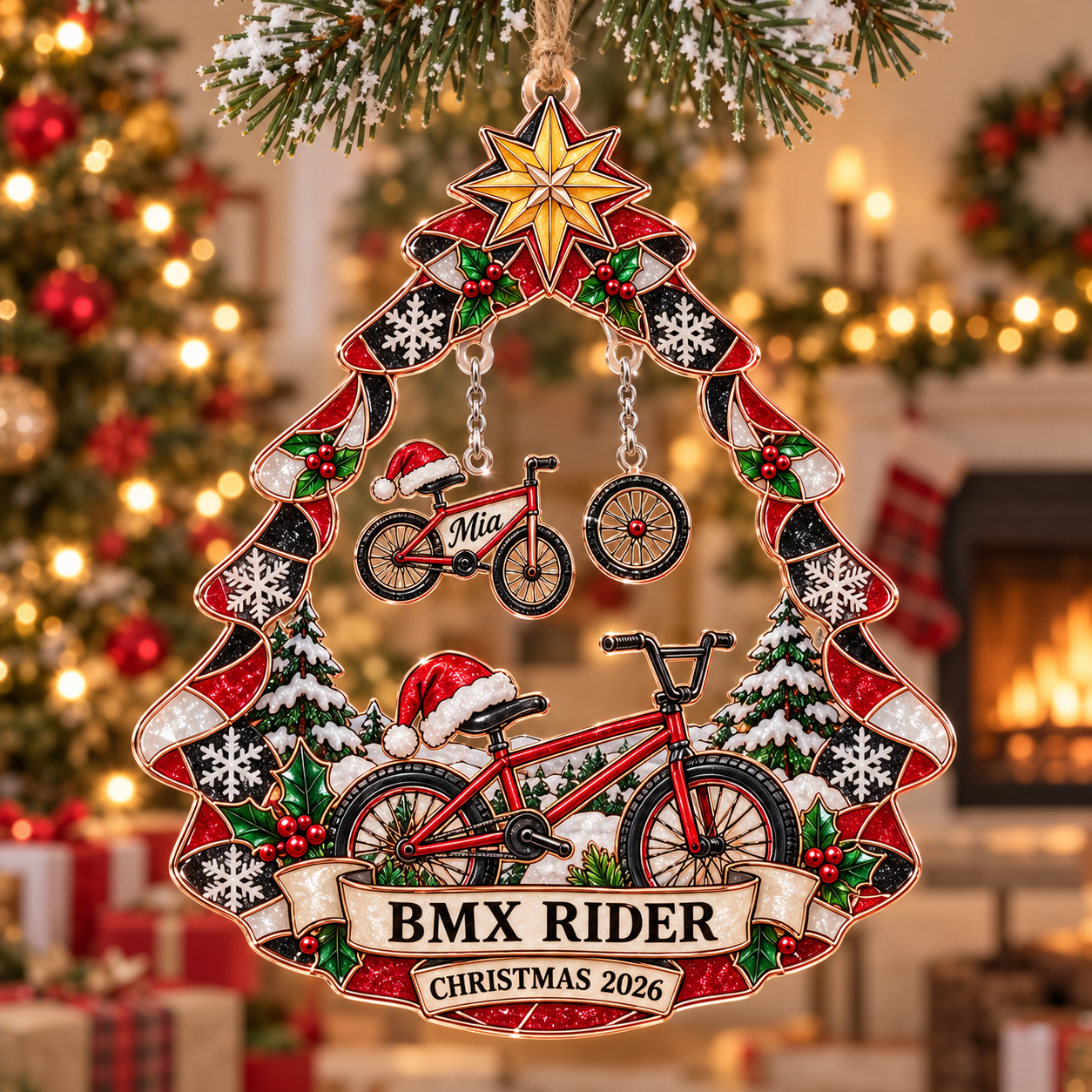 Stained-glass acrylic Christmas ornament with "BMX RIDER" and personalised name charms