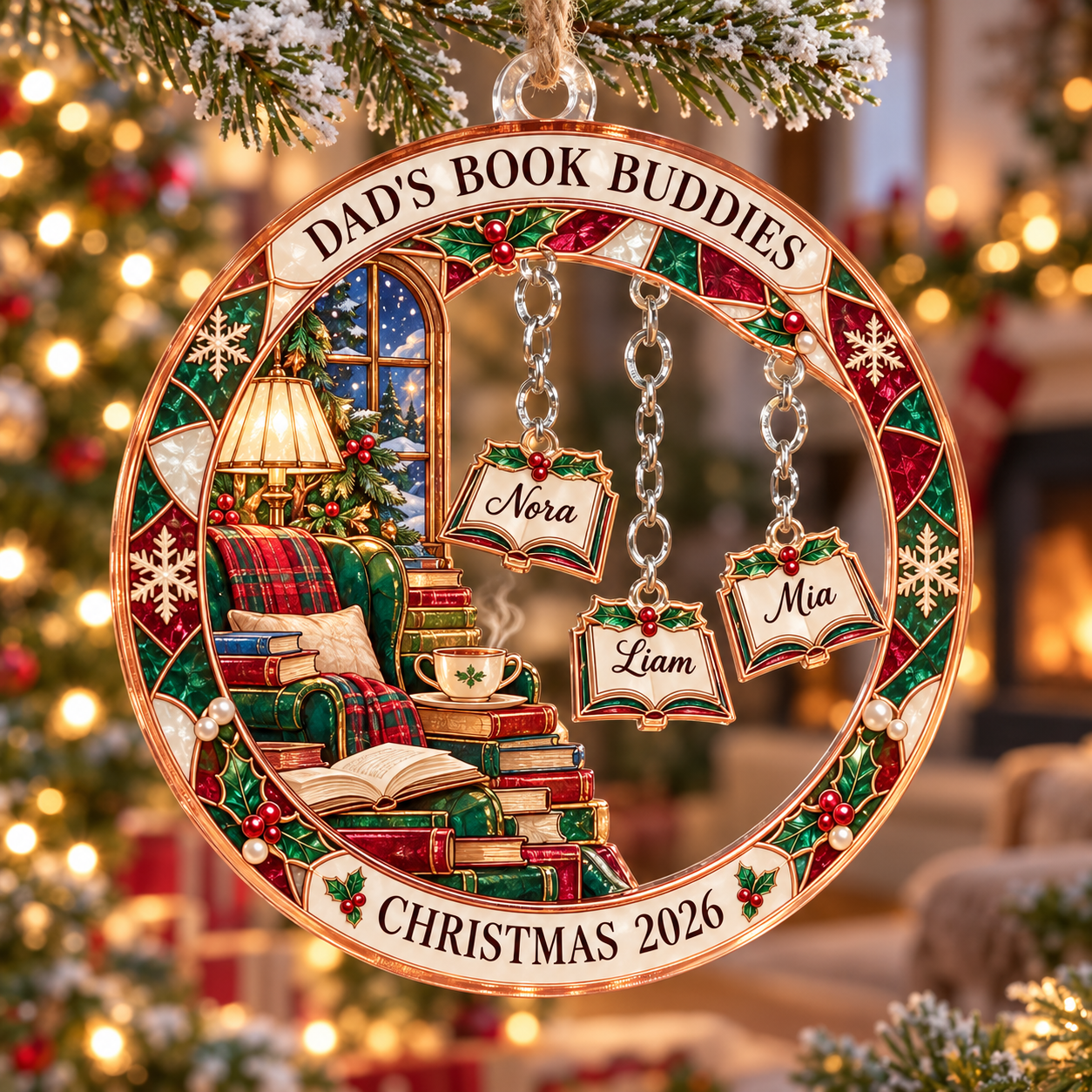 Stained-glass acrylic Christmas ornament with "DAD'S BOOK BUDDIES" and personalised name charms