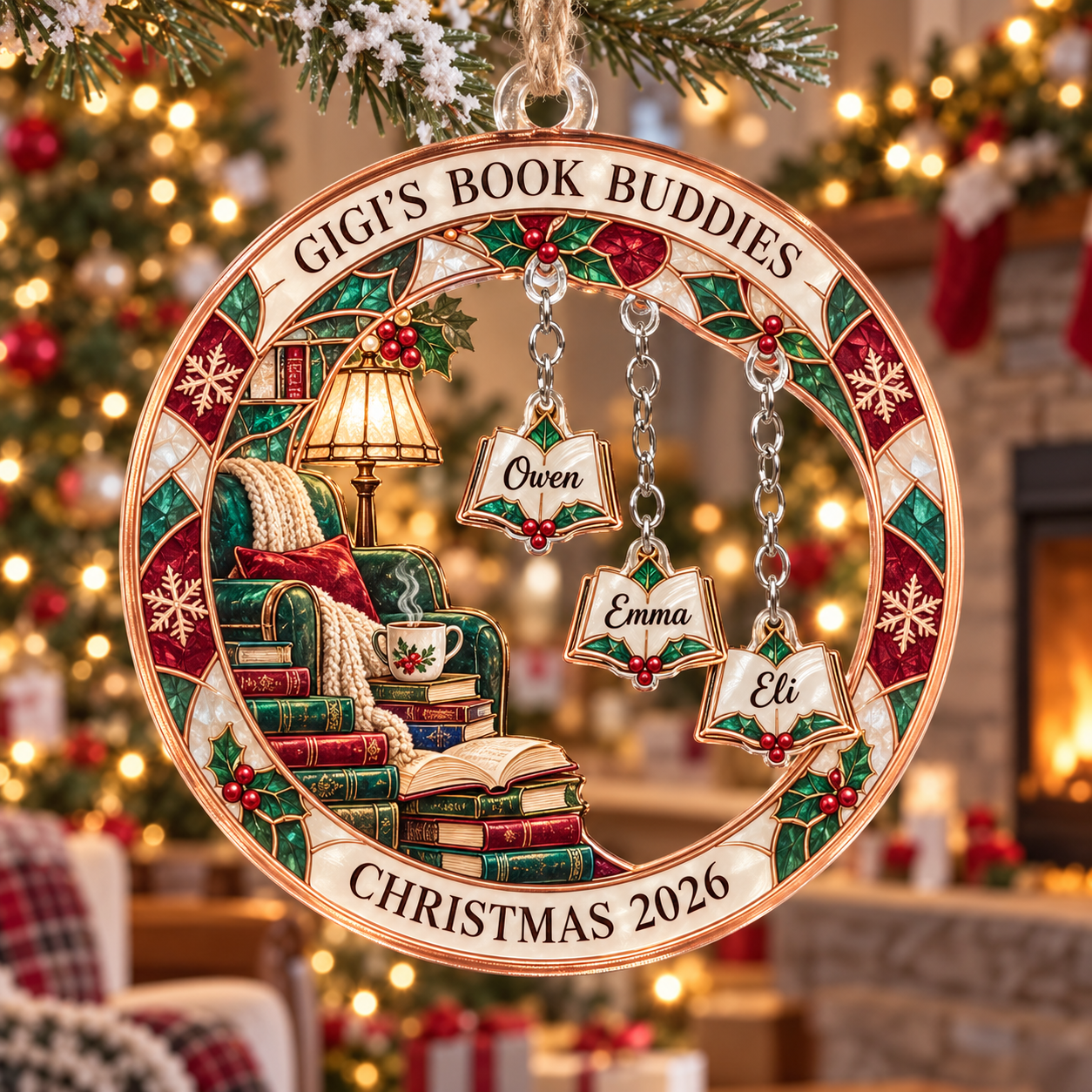 Stained-glass acrylic Christmas ornament with "GIGI'S BOOK BUDDIES" and personalised name charms