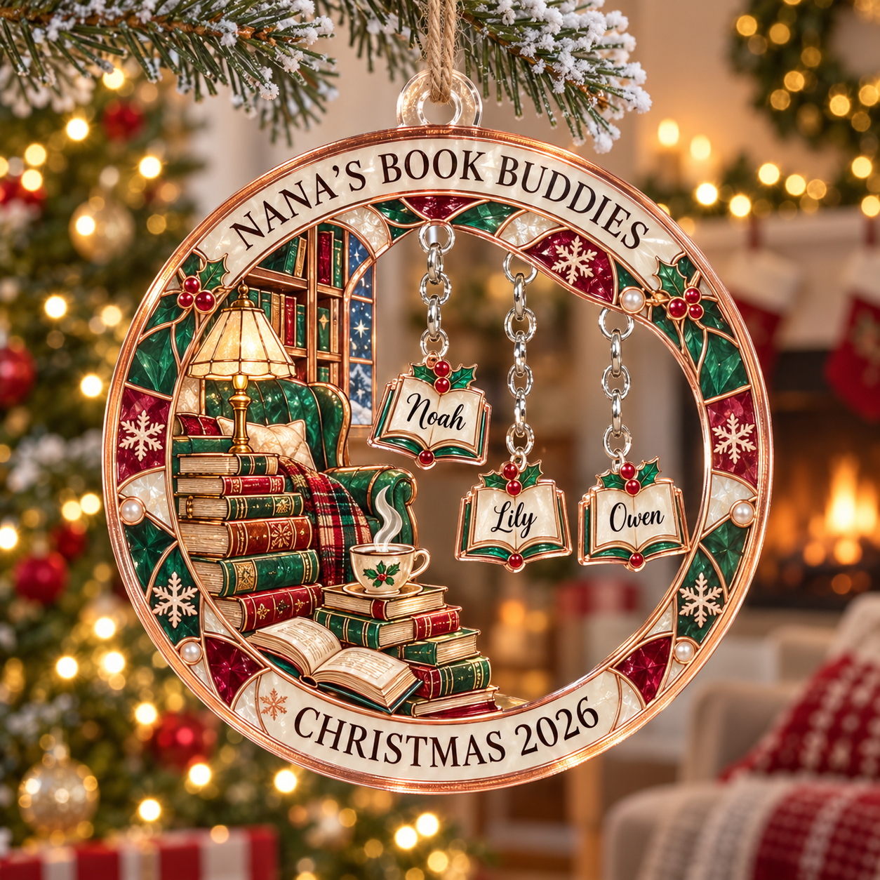 Stained-glass acrylic Christmas ornament with "NANA'S BOOK BUDDIES" and personalised name charms
