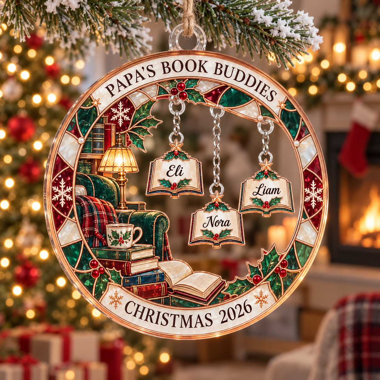 Stained-glass acrylic Christmas ornament with "PAPA'S BOOK BUDDIES" and personalised name charms