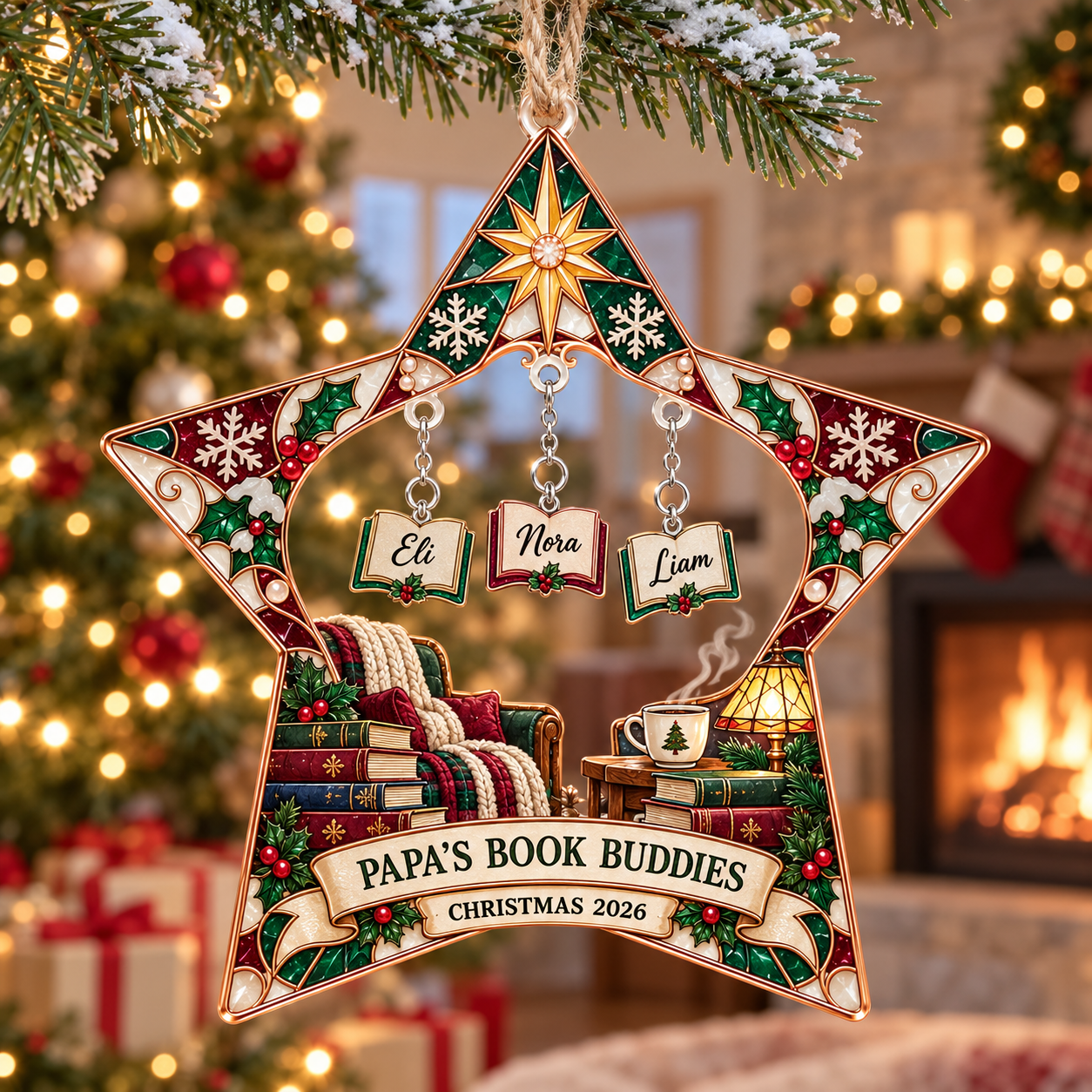Stained-glass acrylic Christmas ornament with "PAPA'S BOOK BUDDIES" and personalised name charms