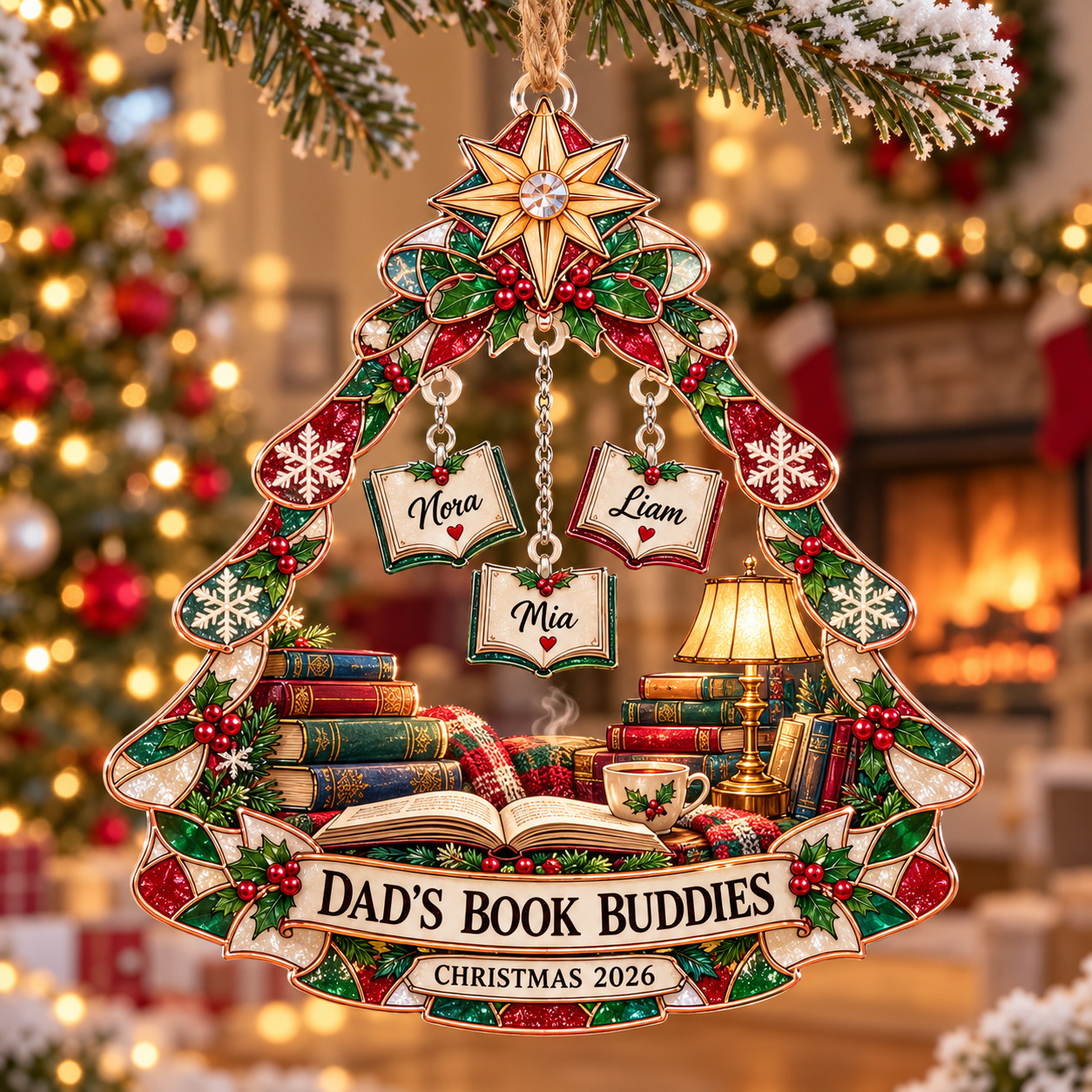 Stained-glass acrylic Christmas ornament with "DAD'S BOOK BUDDIES" and personalised name charms