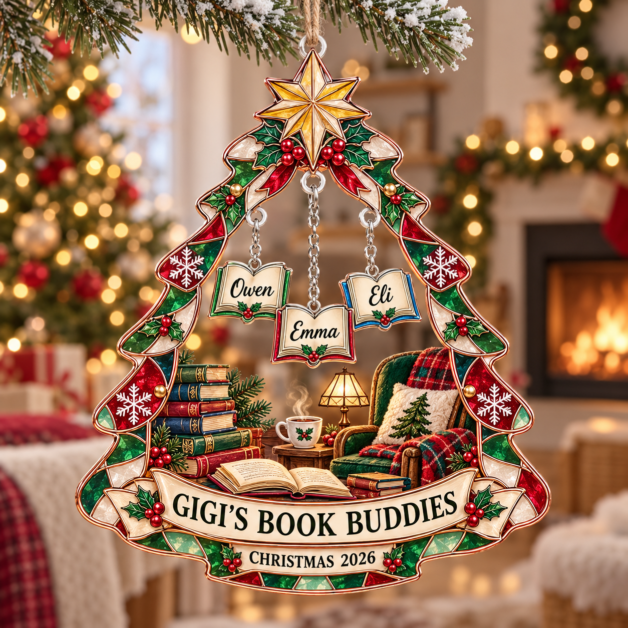 Stained-glass acrylic Christmas ornament with "GIGI'S BOOK BUDDIES" and personalised name charms