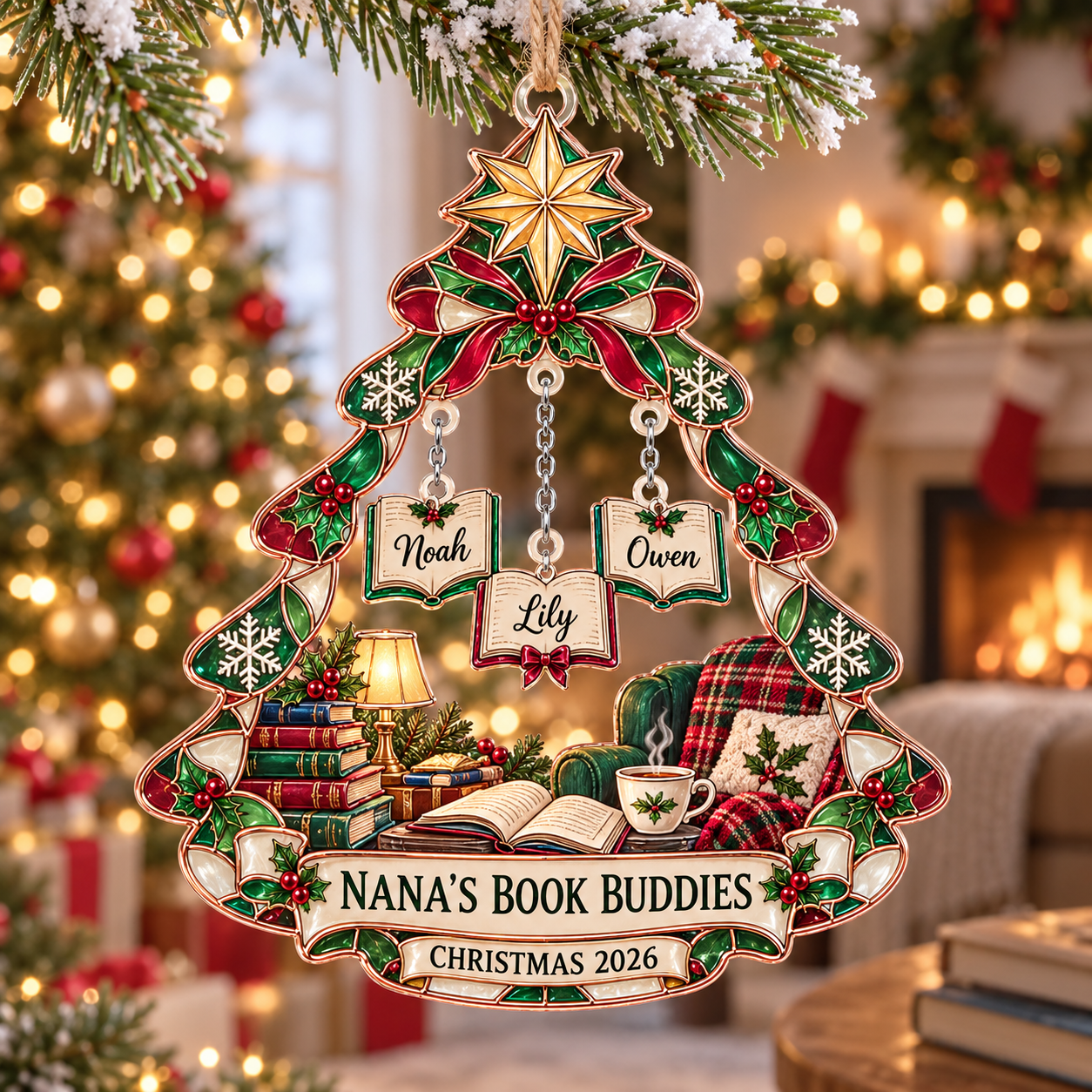 Stained-glass acrylic Christmas ornament with "NANA'S BOOK BUDDIES" and personalised name charms