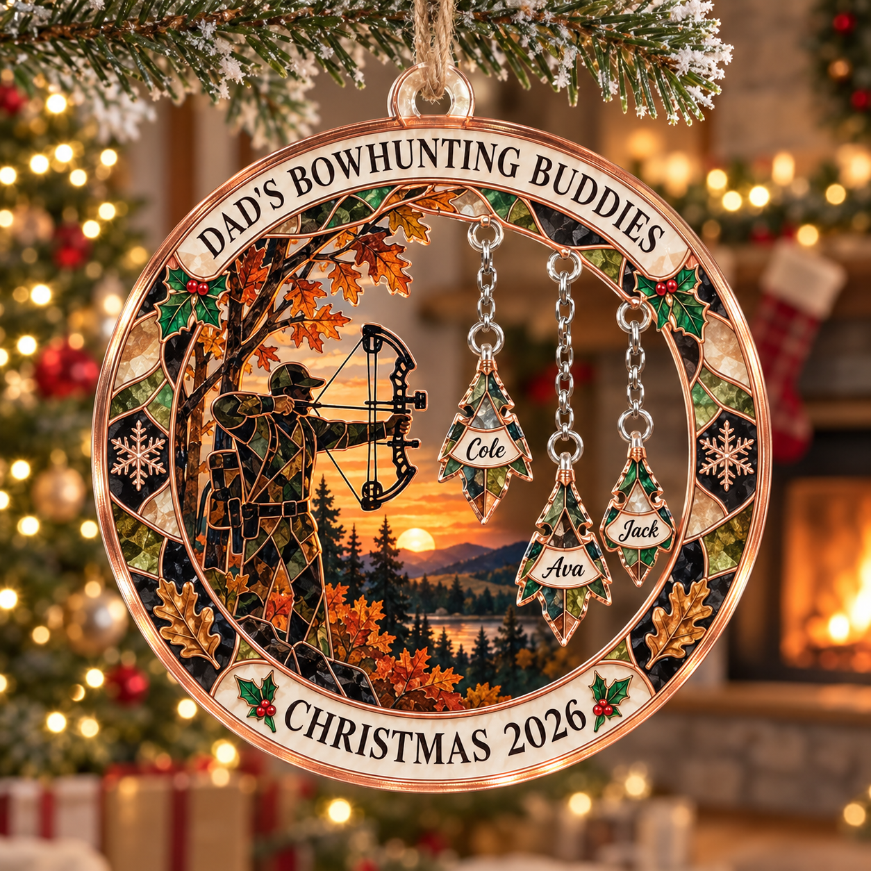 Stained-glass acrylic Christmas ornament with "DAD'S BOWHUNTING BUDDIES" and personalised name charms