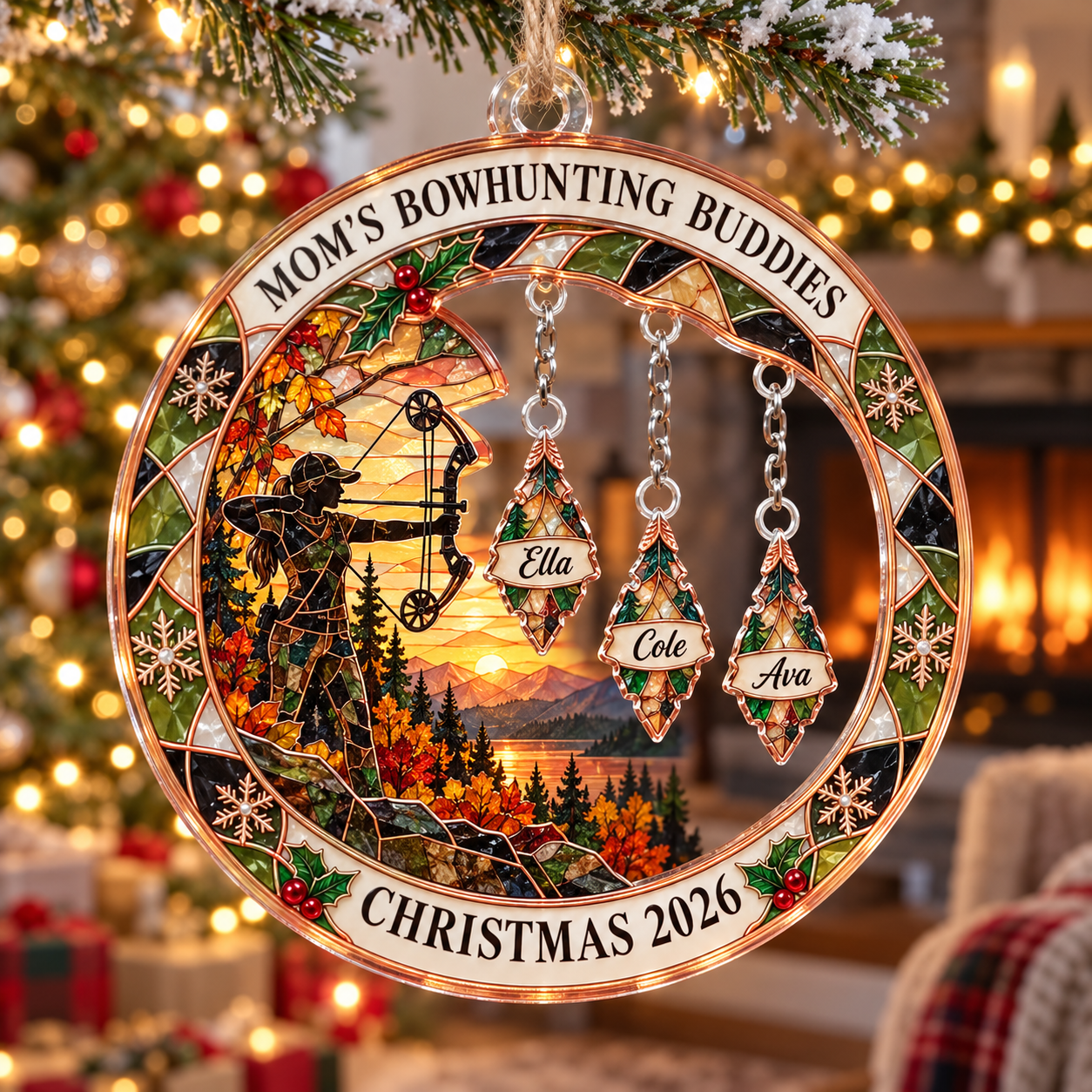 Stained-glass acrylic Christmas ornament with "MOM'S BOWHUNTING BUDDIES" and personalised name charms