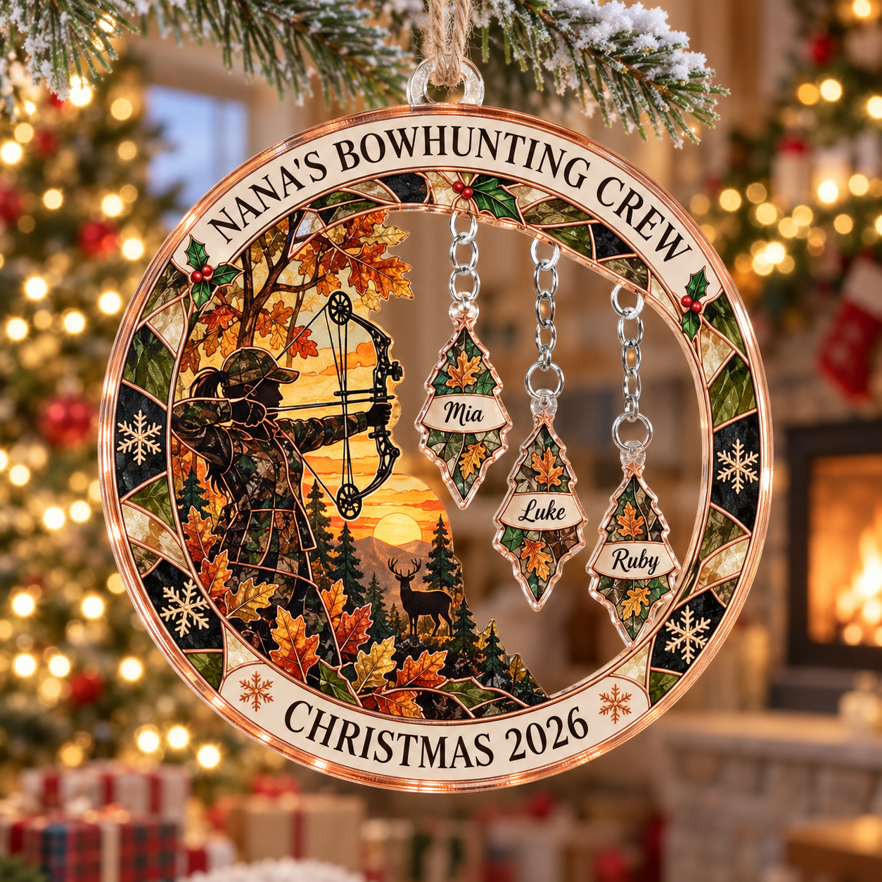 Stained-glass acrylic Christmas ornament with "NANA'S BOWHUNTING CREW" and personalised name charms