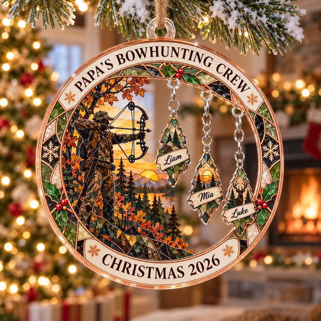 Stained-glass acrylic Christmas ornament with "PAPA'S BOWHUNTING CREW" and personalised name charms