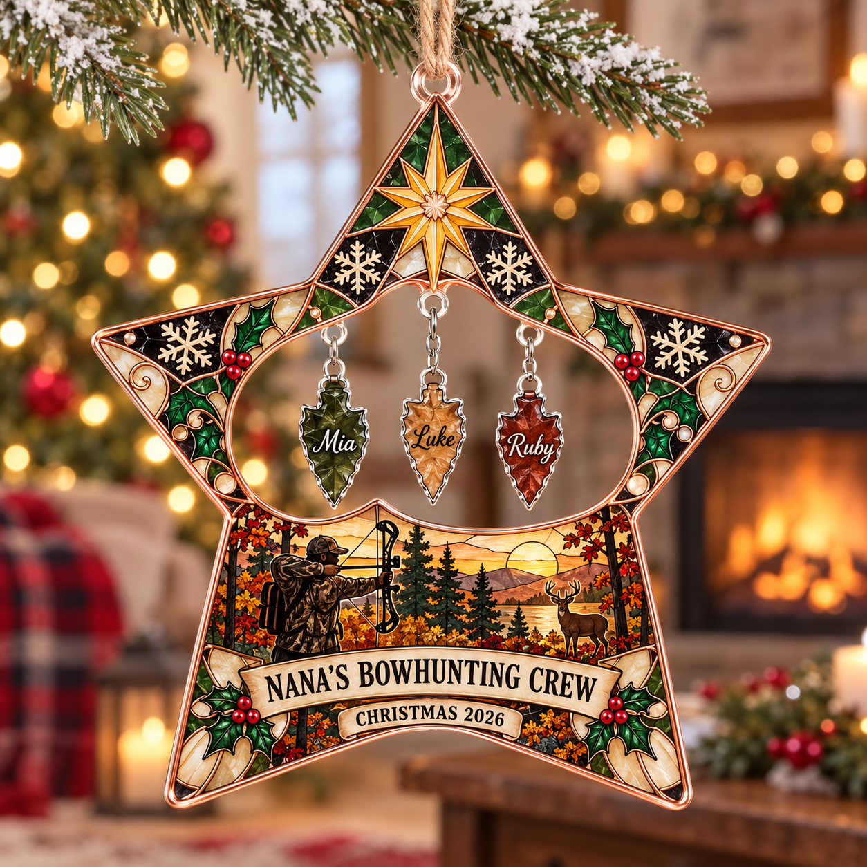 Stained-glass acrylic Christmas ornament with "NANA'S BOWHUNTING CREW" and personalised name charms