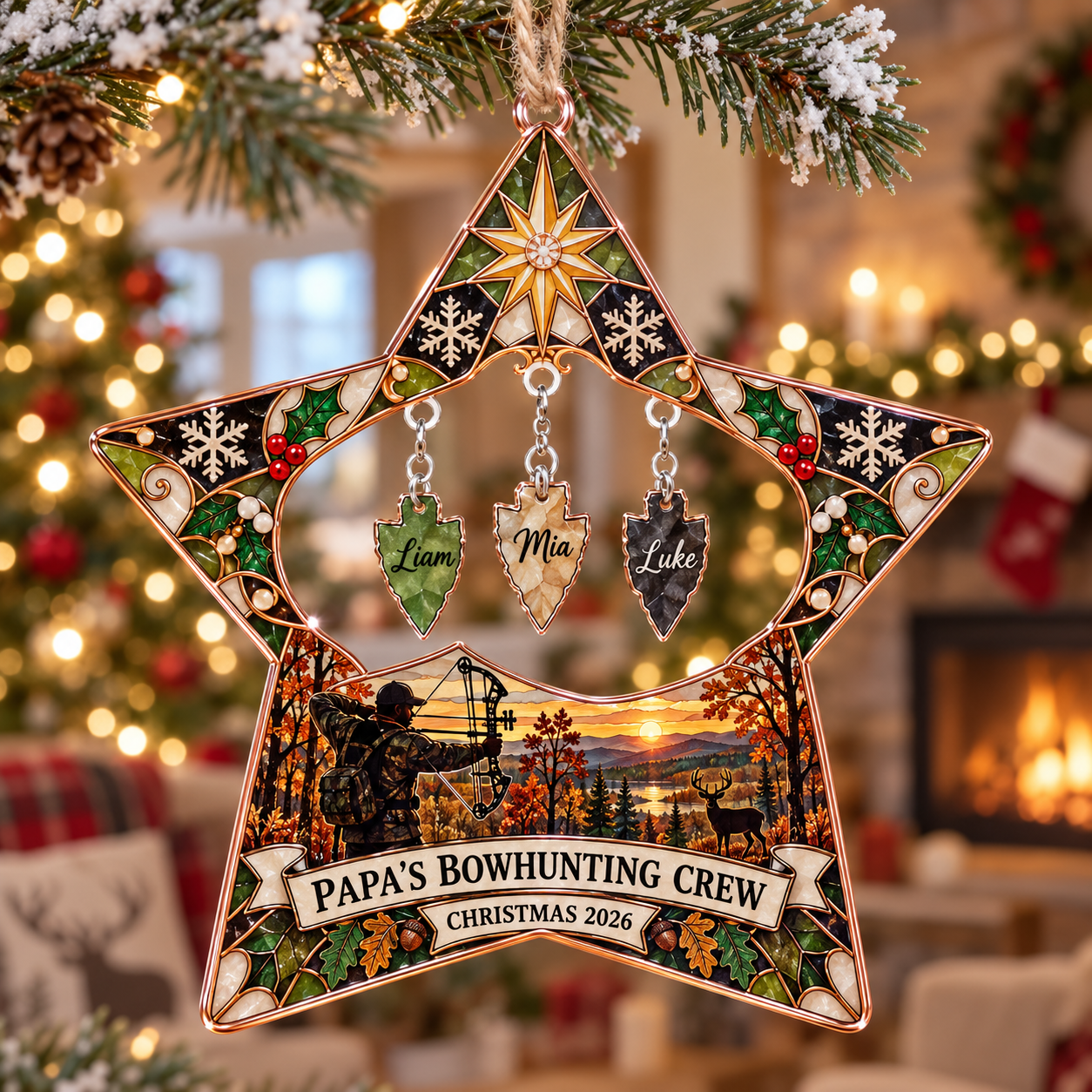 Stained-glass acrylic Christmas ornament with "PAPA'S BOWHUNTING CREW" and personalised name charms