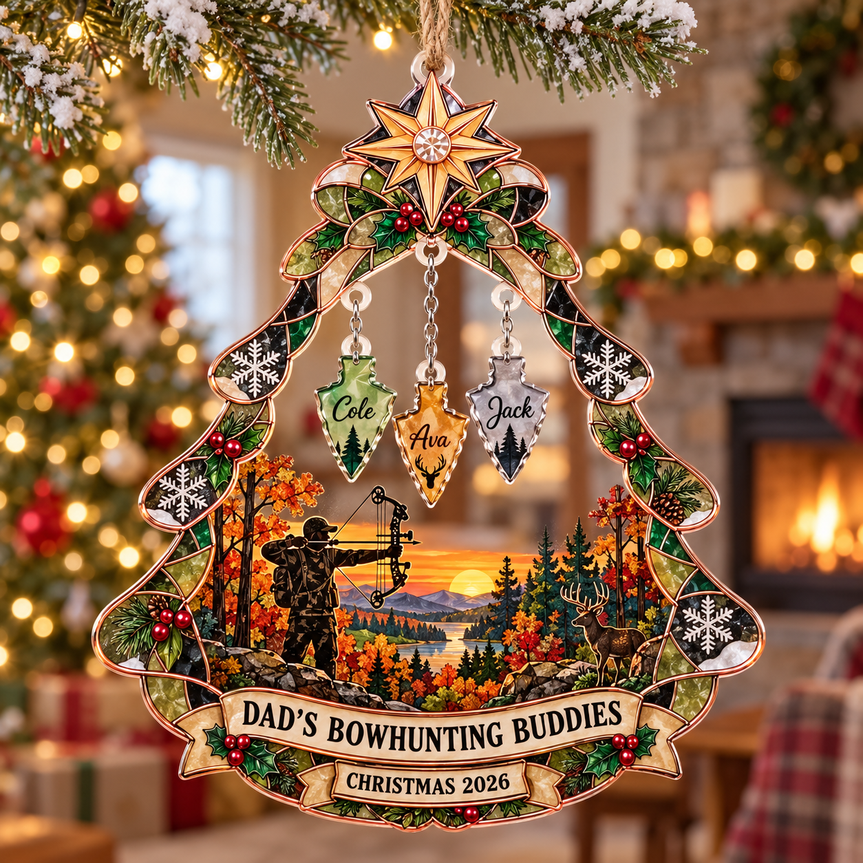 Stained-glass acrylic Christmas ornament with "DAD'S BOWHUNTING BUDDIES" and personalised name charms