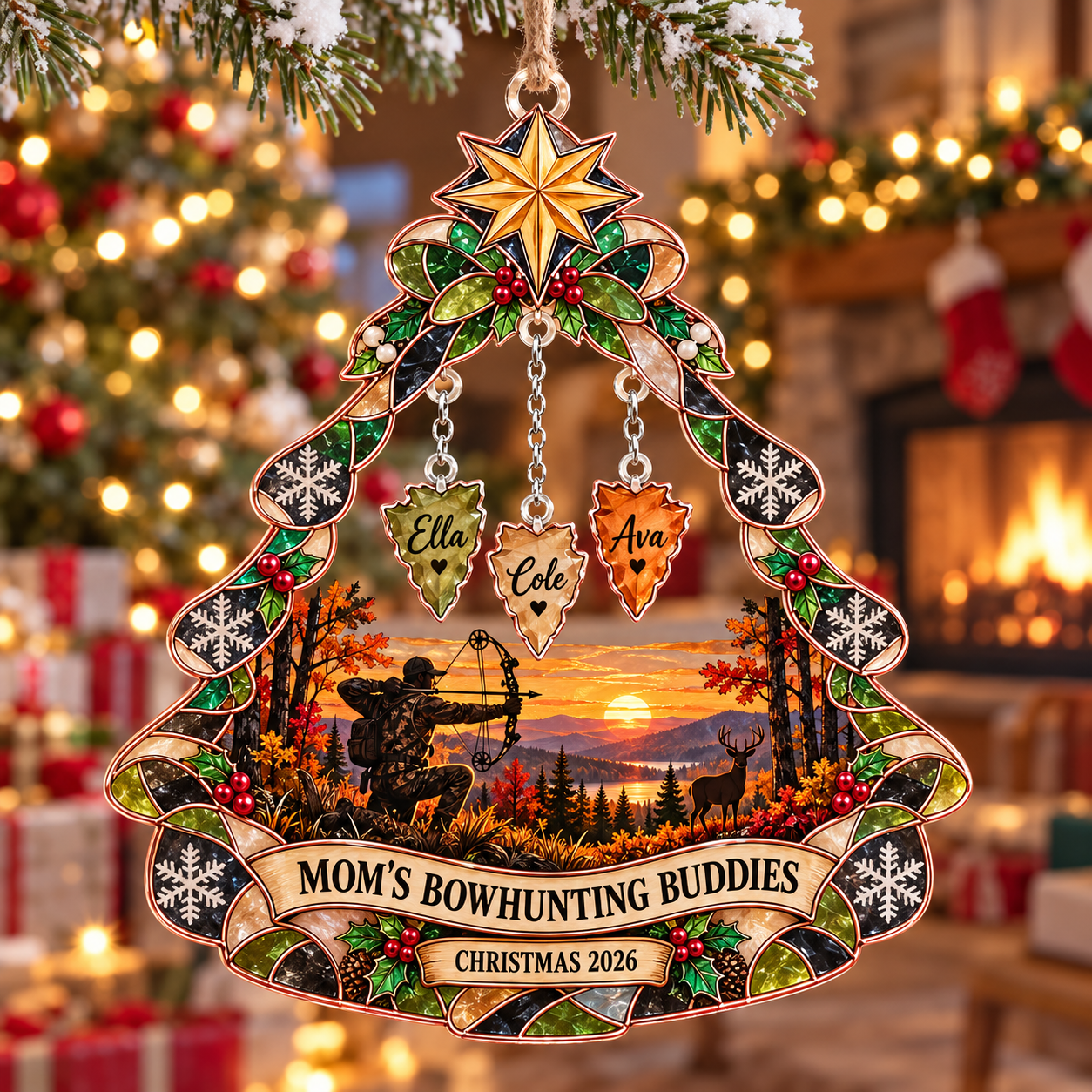 Stained-glass acrylic Christmas ornament with "MOM'S BOWHUNTING BUDDIES" and personalised name charms