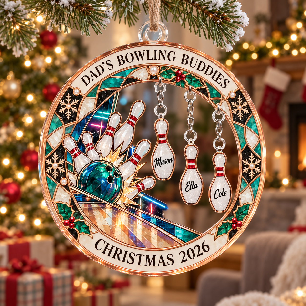 Stained-glass acrylic Christmas ornament with "DAD'S BOWLING BUDDIES" and personalised name charms
