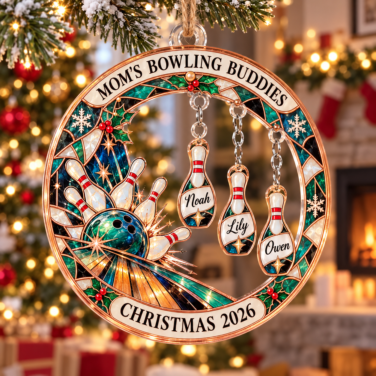 Stained-glass acrylic Christmas ornament with "MOM'S BOWLING BUDDIES" and personalised name charms