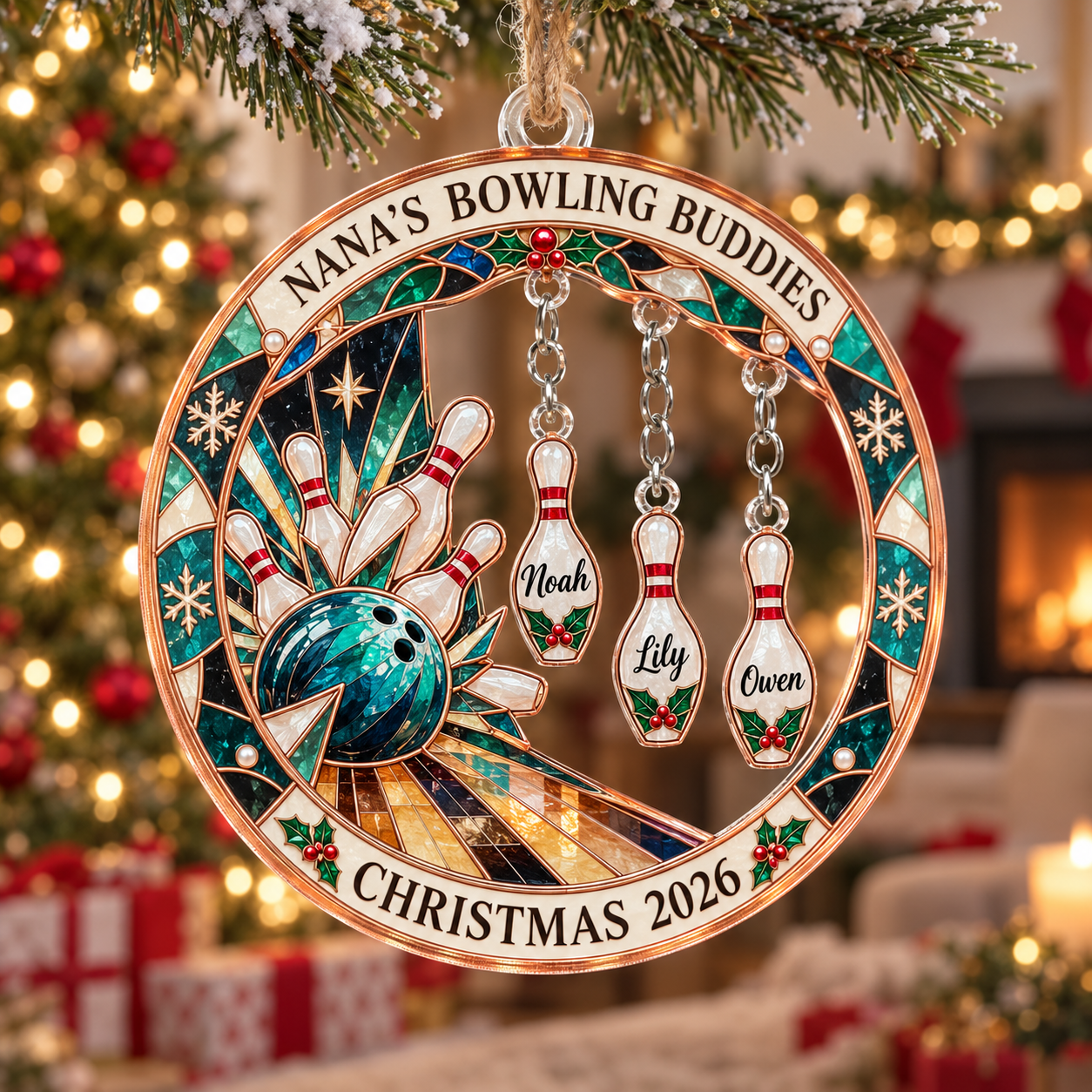Stained-glass acrylic Christmas ornament with "NANA'S BOWLING BUDDIES" and personalised name charms