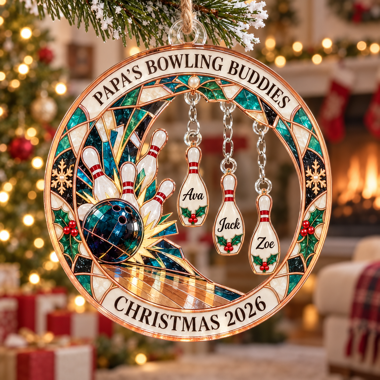 Stained-glass acrylic Christmas ornament with "PAPA'S BOWLING BUDDIES" and personalised name charms