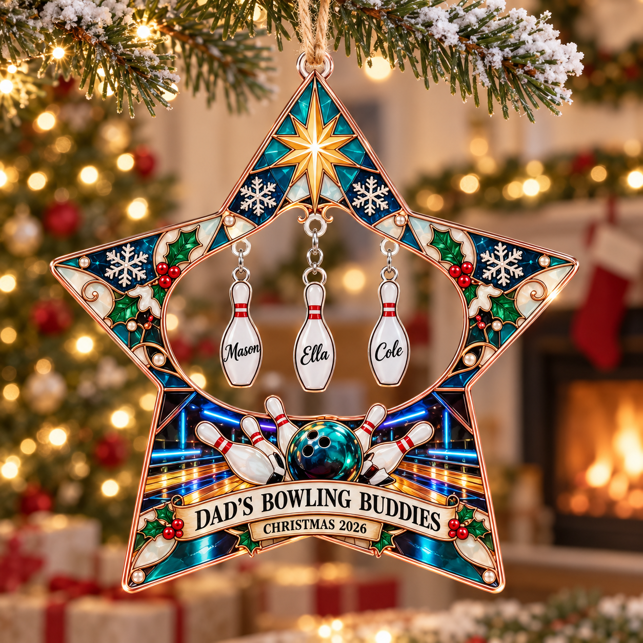 Stained-glass acrylic Christmas ornament with "DAD'S BOWLING BUDDIES" and personalised name charms