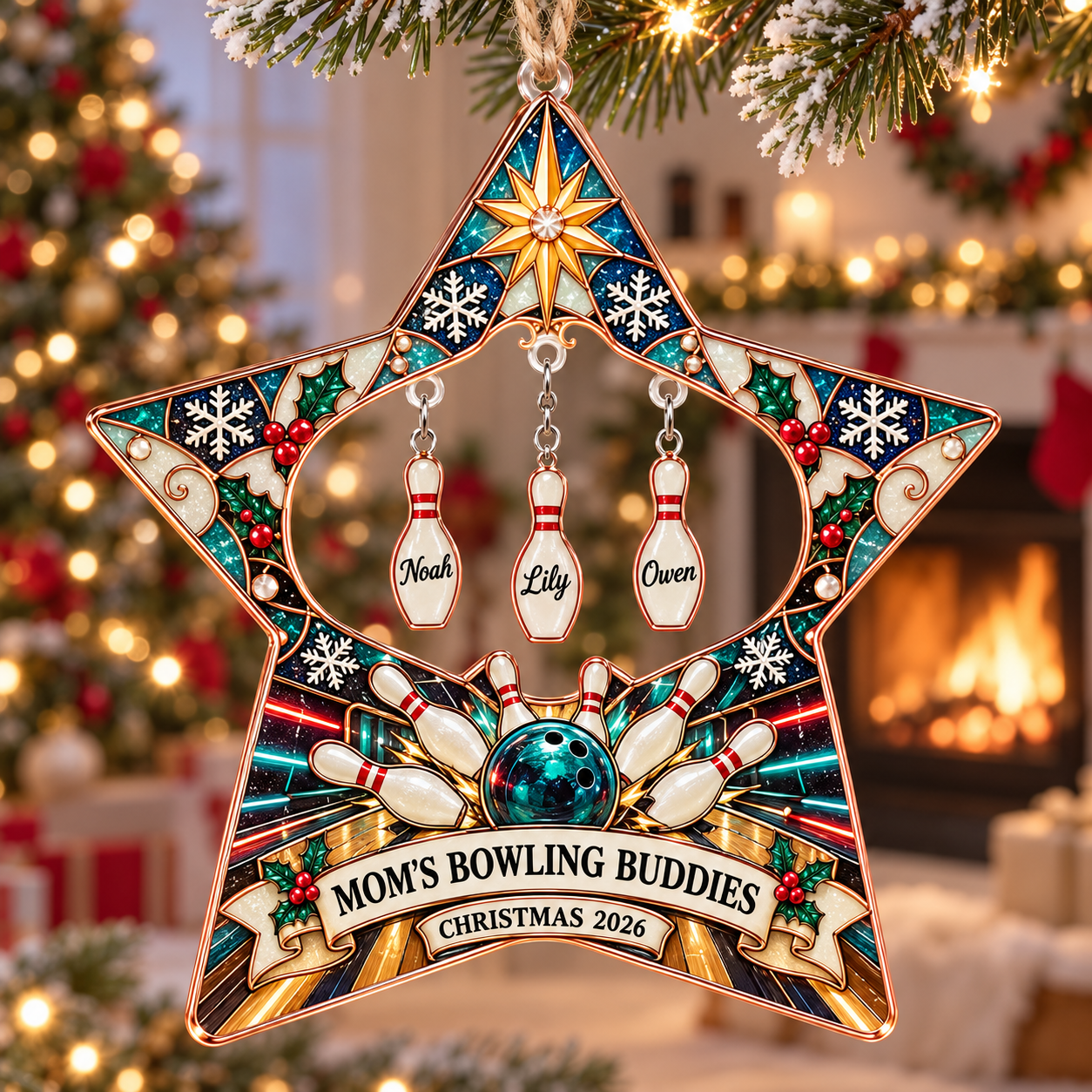 Stained-glass acrylic Christmas ornament with "MOM'S BOWLING BUDDIES" and personalised name charms