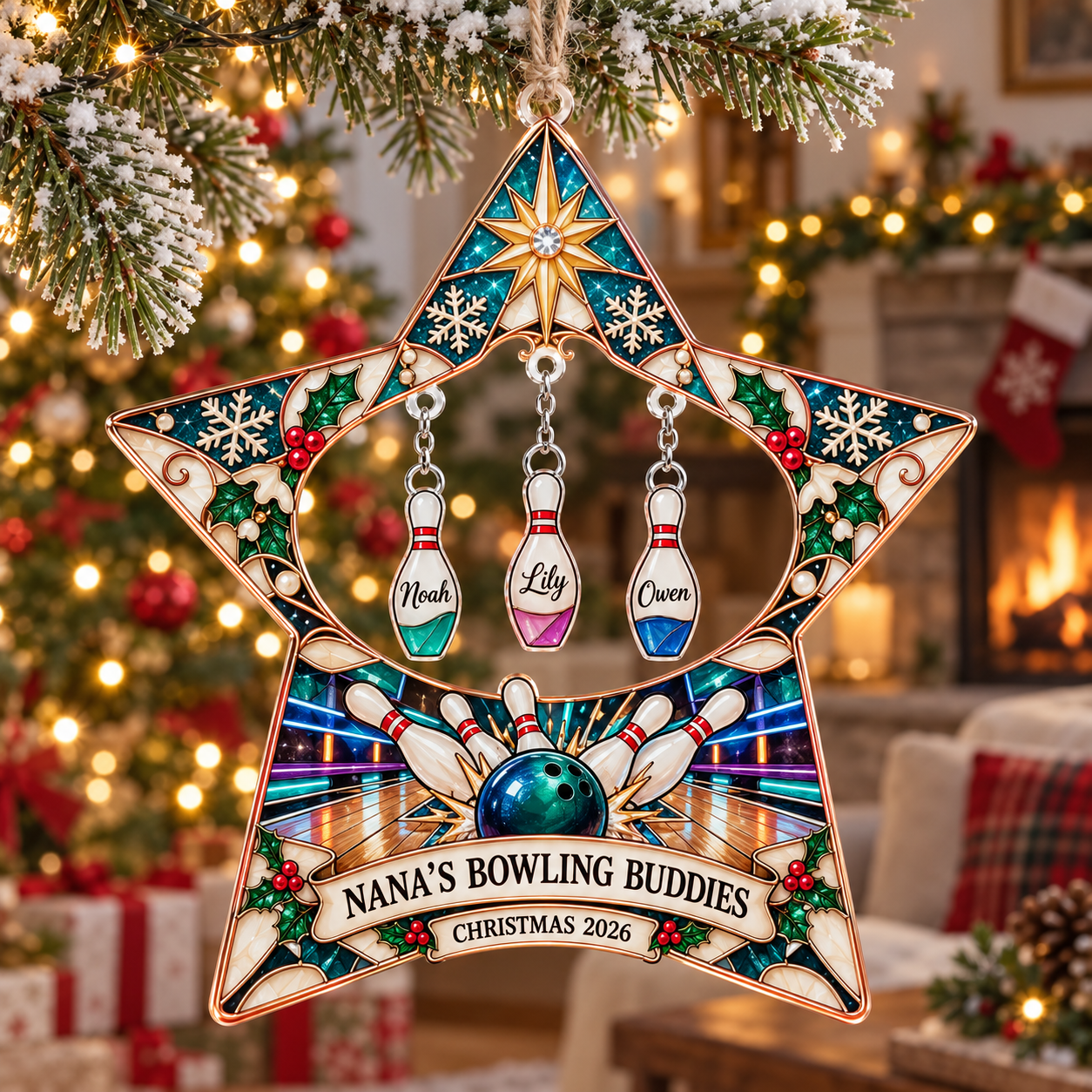 Stained-glass acrylic Christmas ornament with "NANA'S BOWLING BUDDIES" and personalised name charms