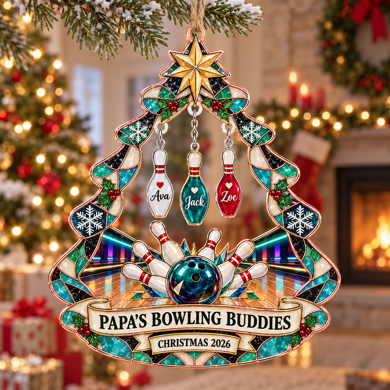 Stained-glass acrylic Christmas ornament with "PAPA'S BOWLING BUDDIES" and personalised name charms