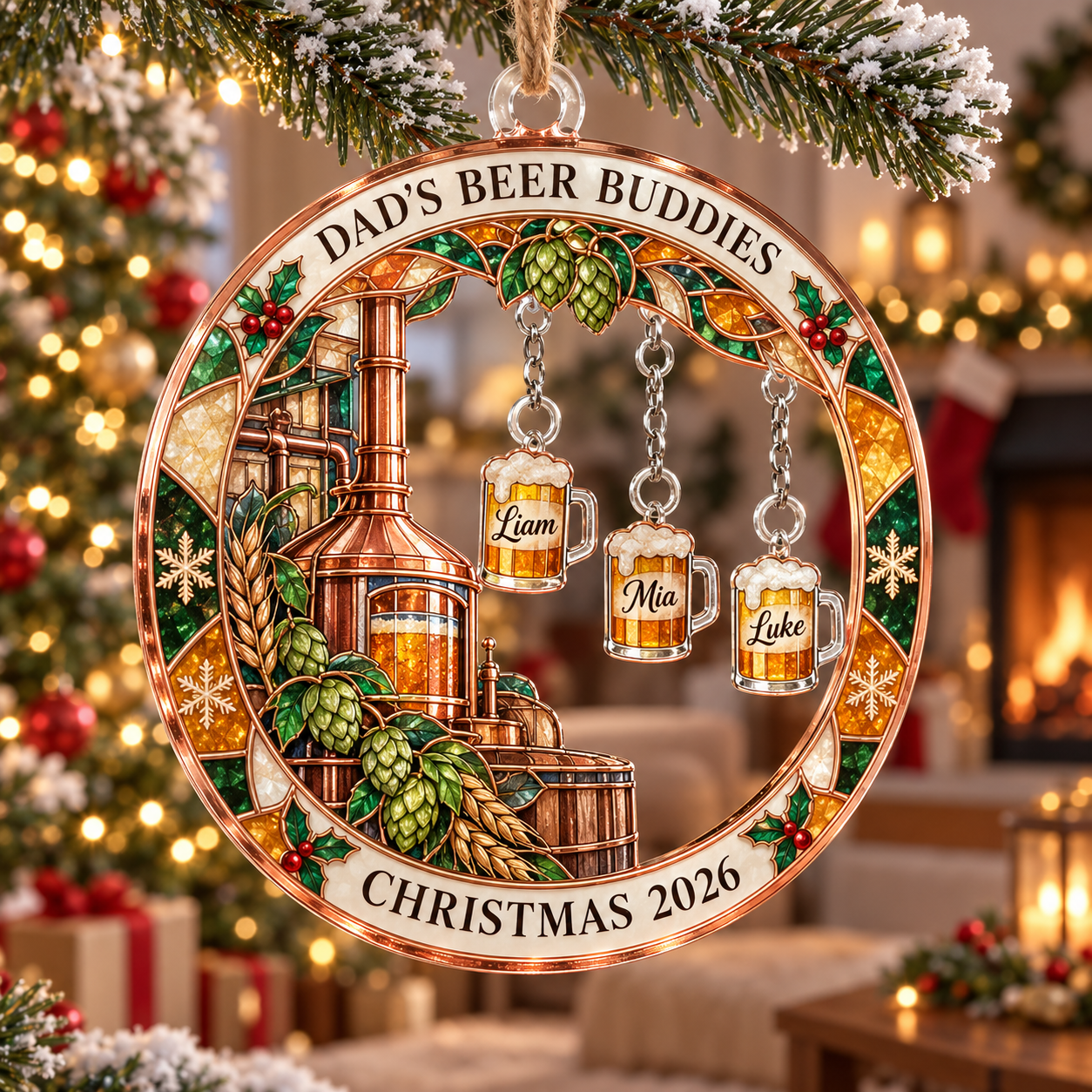 Stained-glass acrylic Christmas ornament with "DAD'S BEER BUDDIES" and personalised name charms