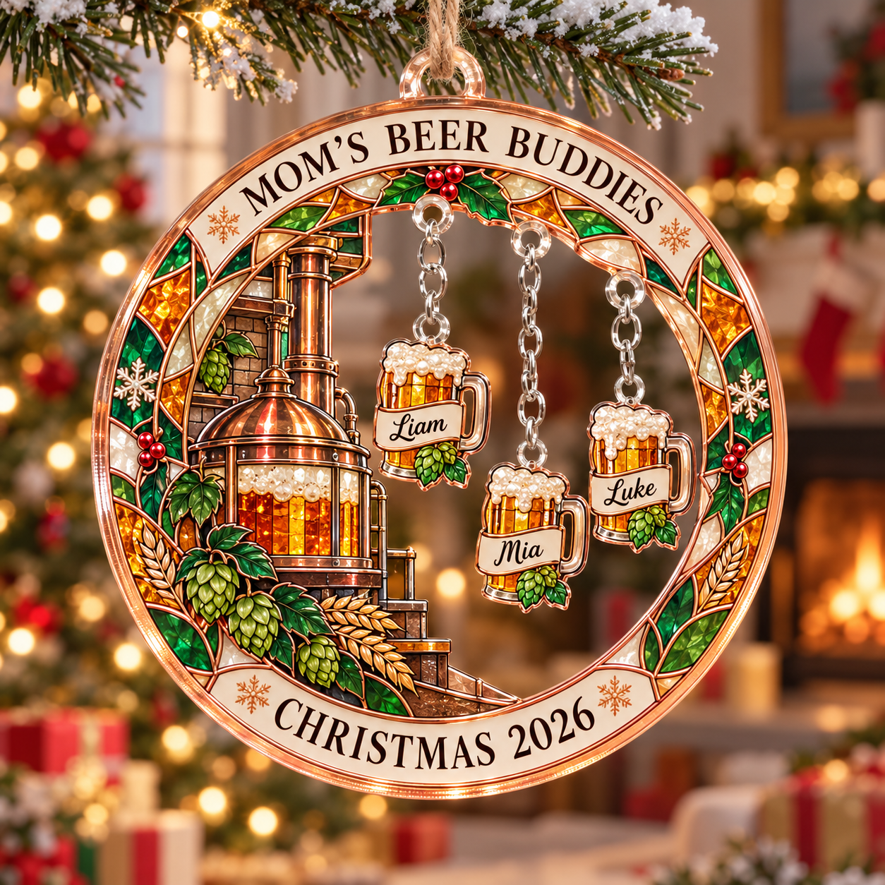 Stained-glass acrylic Christmas ornament with "MOM'S BEER BUDDIES" and personalised name charms