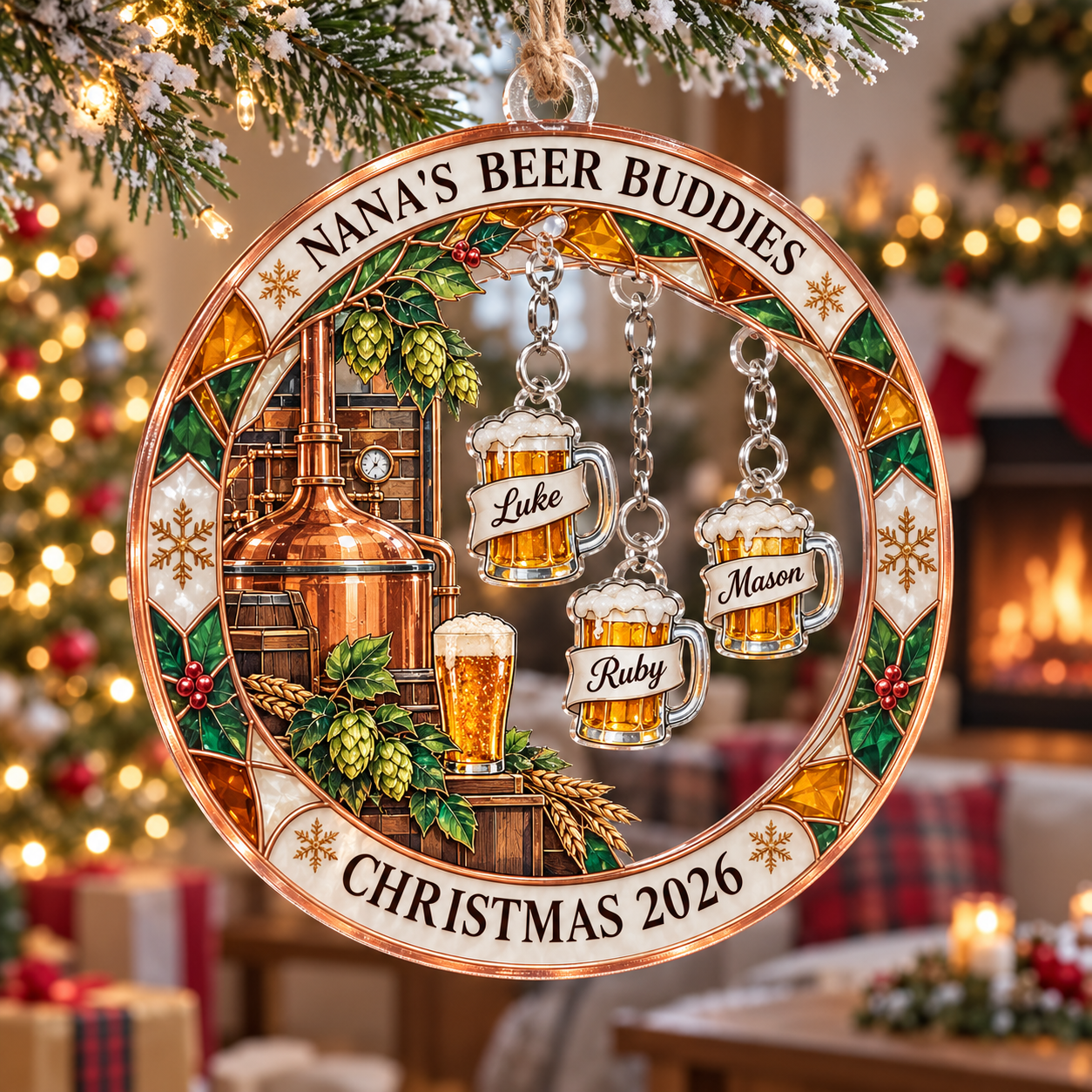 Stained-glass acrylic Christmas ornament with "NANA'S BEER BUDDIES" and personalised name charms