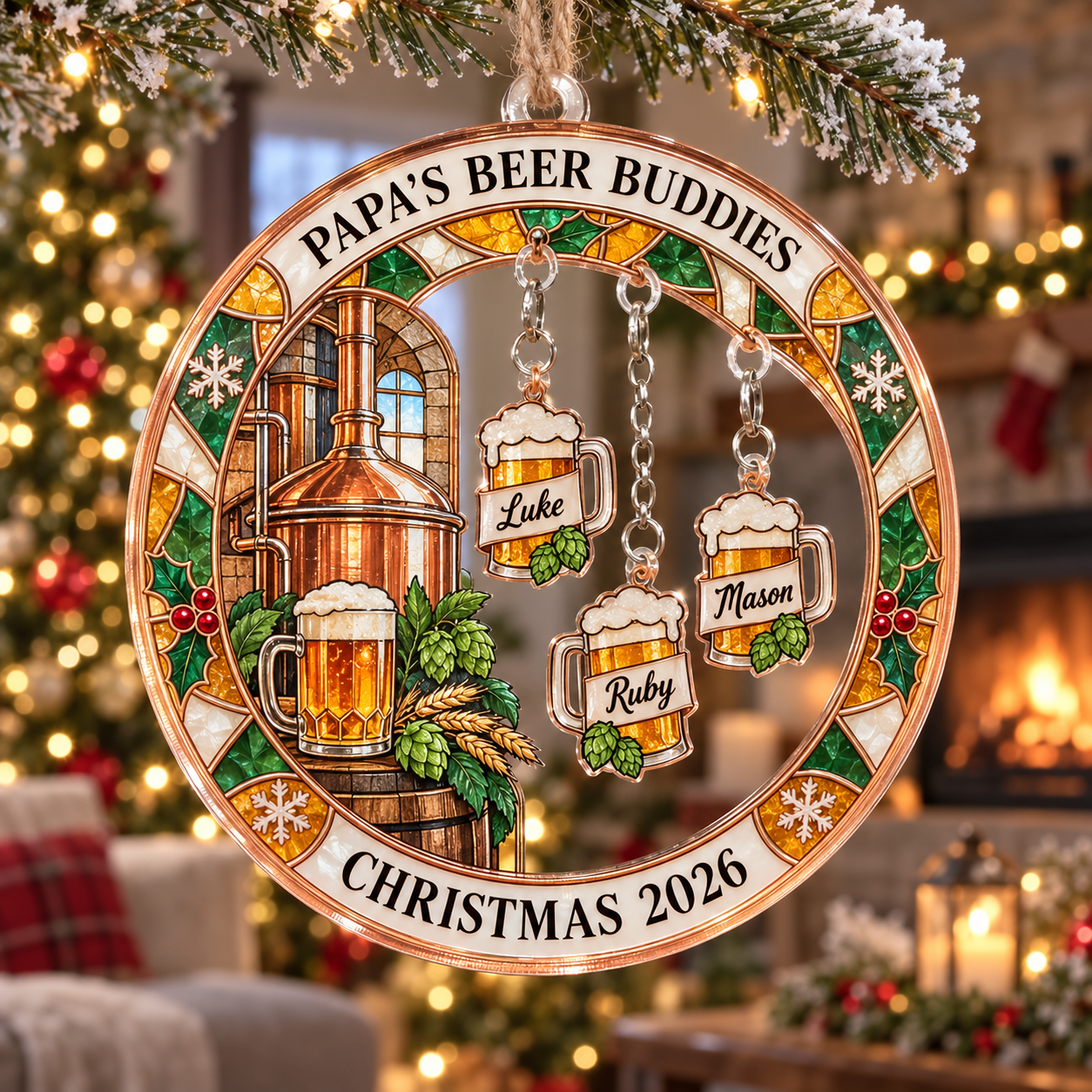 Stained-glass acrylic Christmas ornament with "PAPA'S BEER BUDDIES" and personalised name charms
