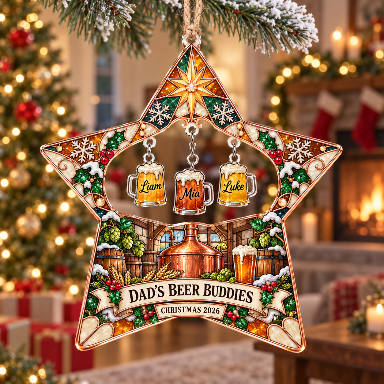 Stained-glass acrylic Christmas ornament with "DAD'S BEER BUDDIES" and personalised name charms