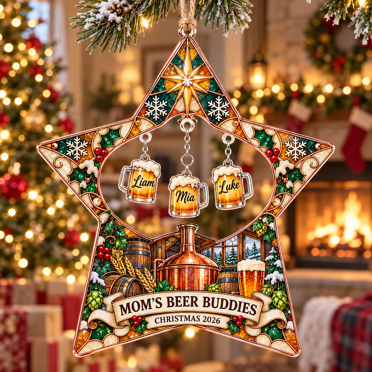 Stained-glass acrylic Christmas ornament with "MOM'S BEER BUDDIES" and personalised name charms