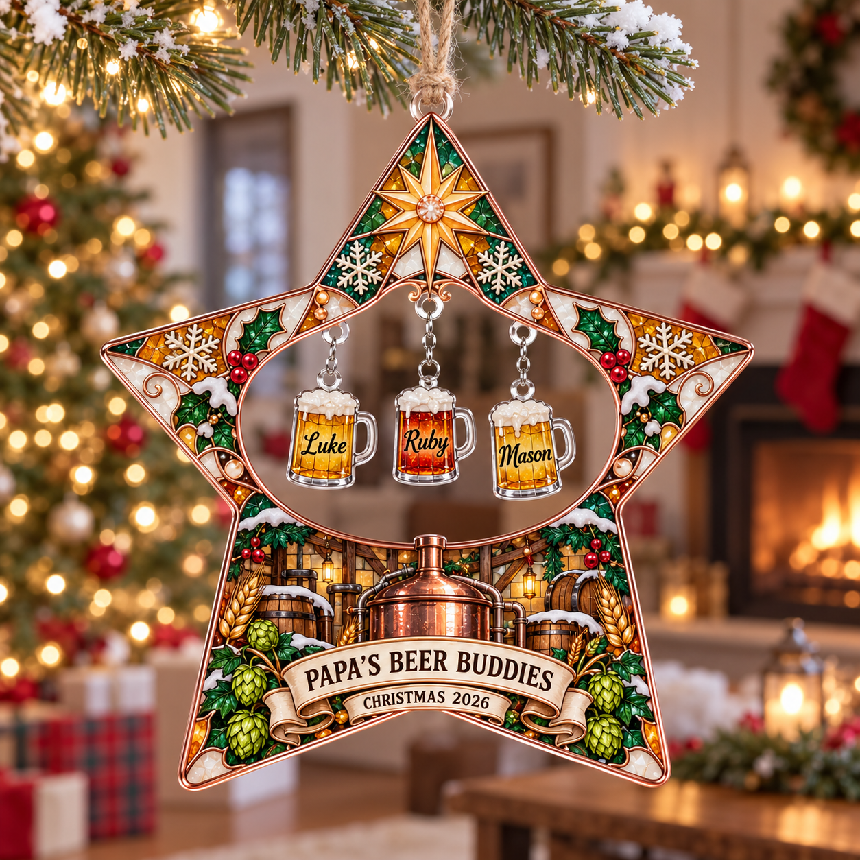 Stained-glass acrylic Christmas ornament with "PAPA'S BEER BUDDIES" and personalised name charms
