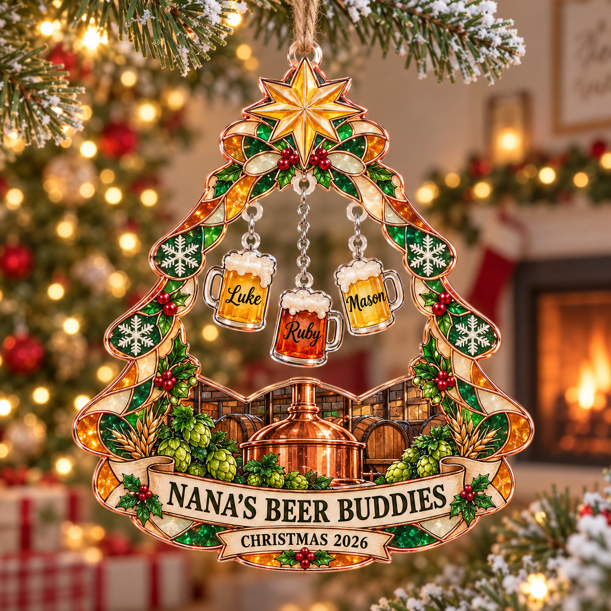 Stained-glass acrylic Christmas ornament with "NANA'S BEER BUDDIES" and personalised name charms