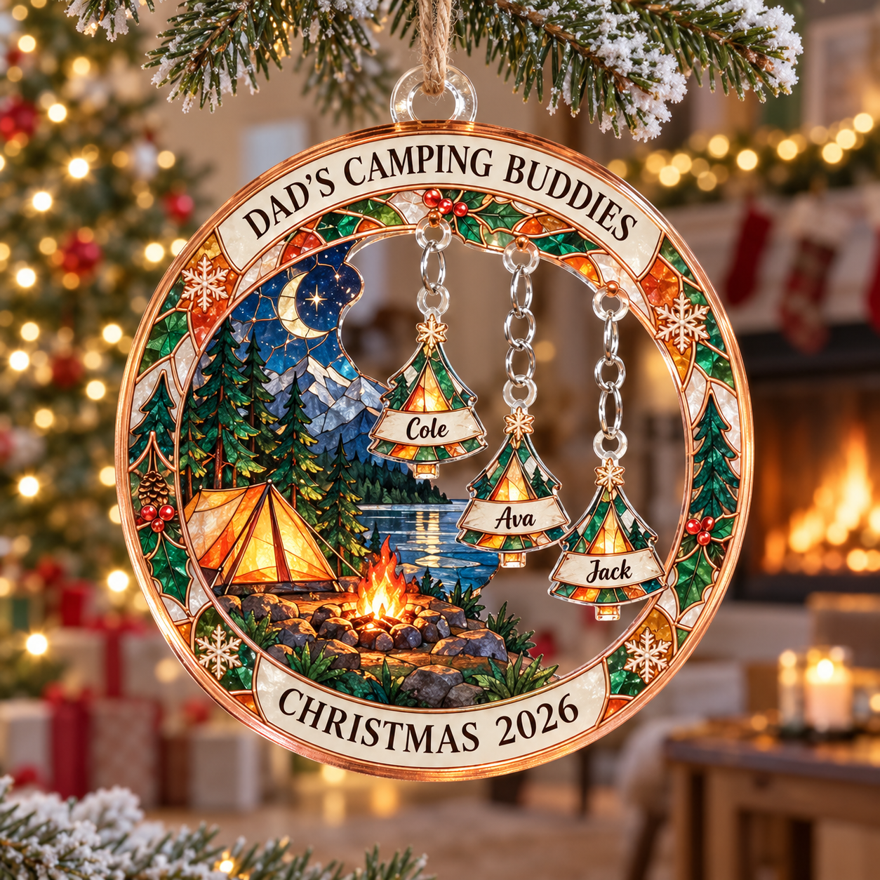 Stained-glass acrylic Christmas ornament with "DAD'S CAMPING BUDDIES" and personalised name charms