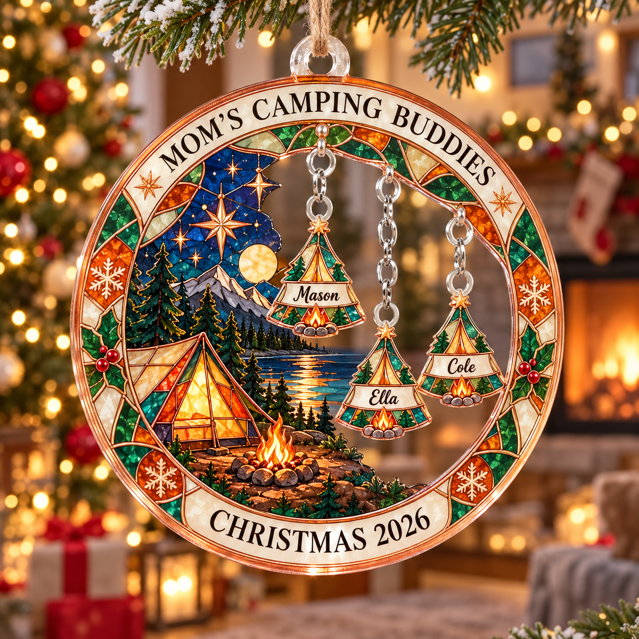Stained-glass acrylic Christmas ornament with "MOM'S CAMPING BUDDIES" and personalised name charms