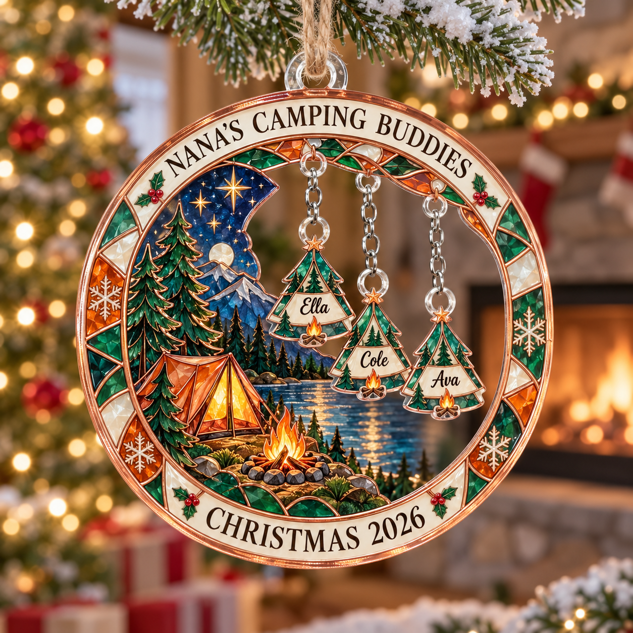 Stained-glass acrylic Christmas ornament with "NANA'S CAMPING BUDDIES" and personalised name charms