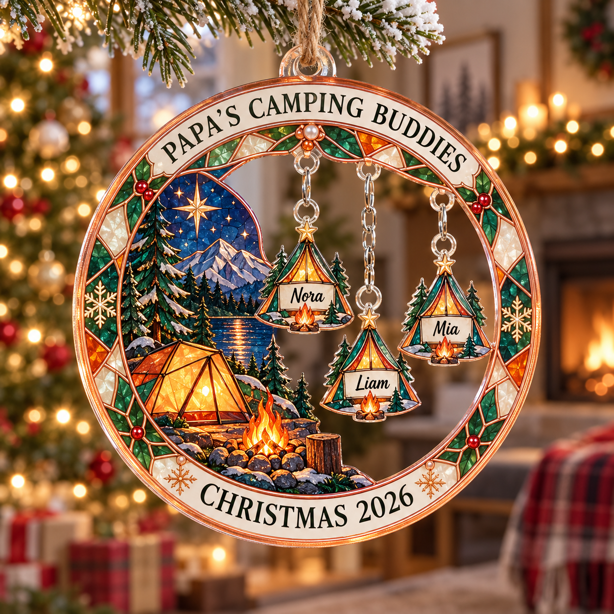 Stained-glass acrylic Christmas ornament with "PAPA'S CAMPING BUDDIES" and personalised name charms